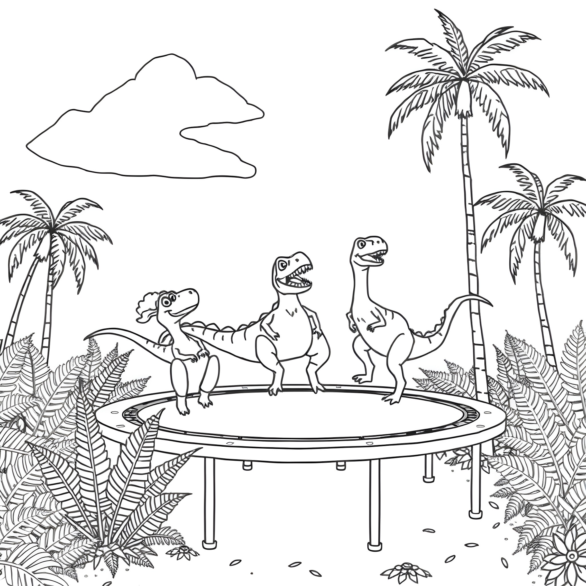 Dinosaurs playing on a trampoline in a tropical scene Coloring Page (free black-and-white line drawing printable PDF for all, from beginners to advanced learners, including children, teens, adults, and seniors)