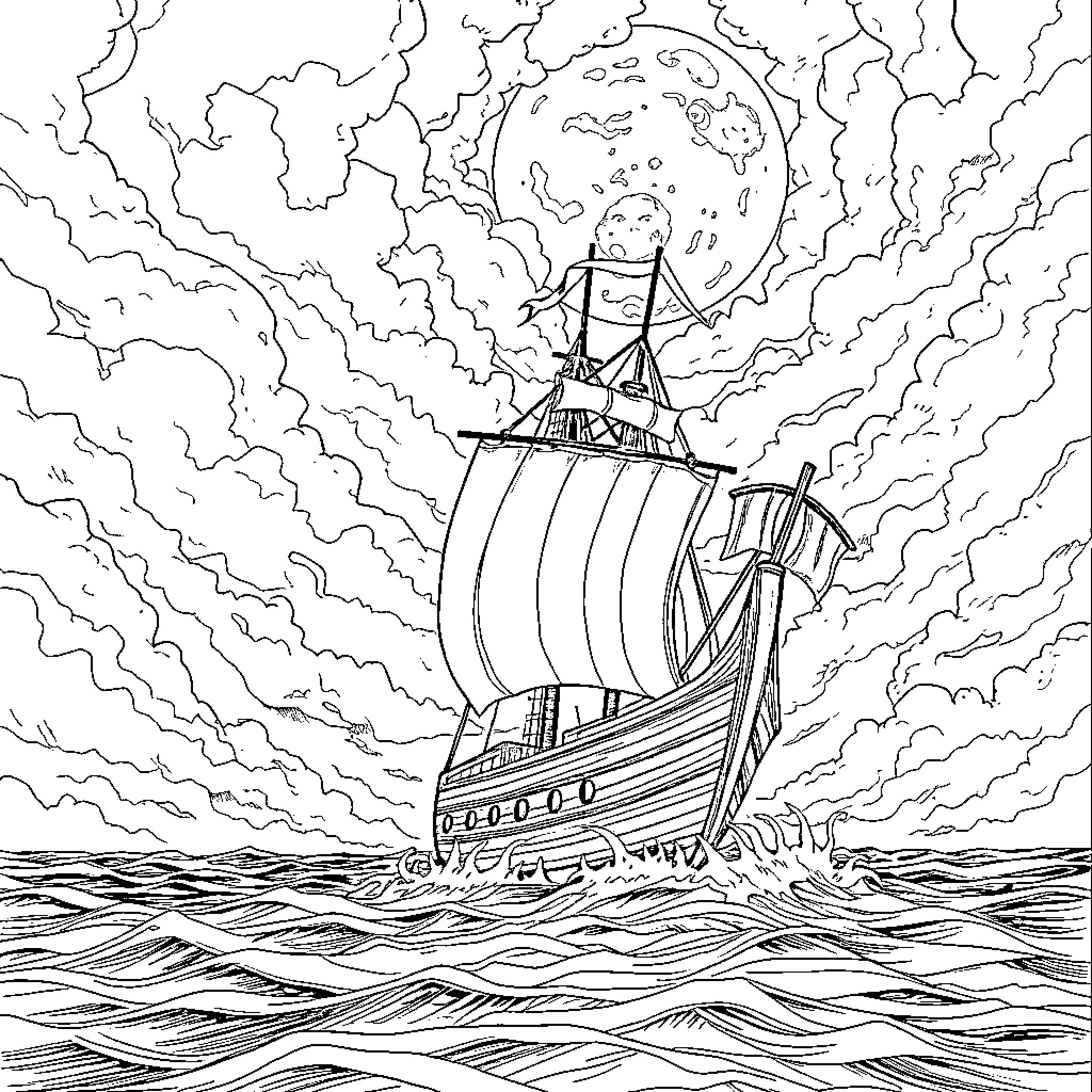 Flying Dutchman sailing through stormy seas Coloring Page (free black-and-white line drawing printable PDF for all, from beginners to advanced learners, including children, teens, adults, and seniors)