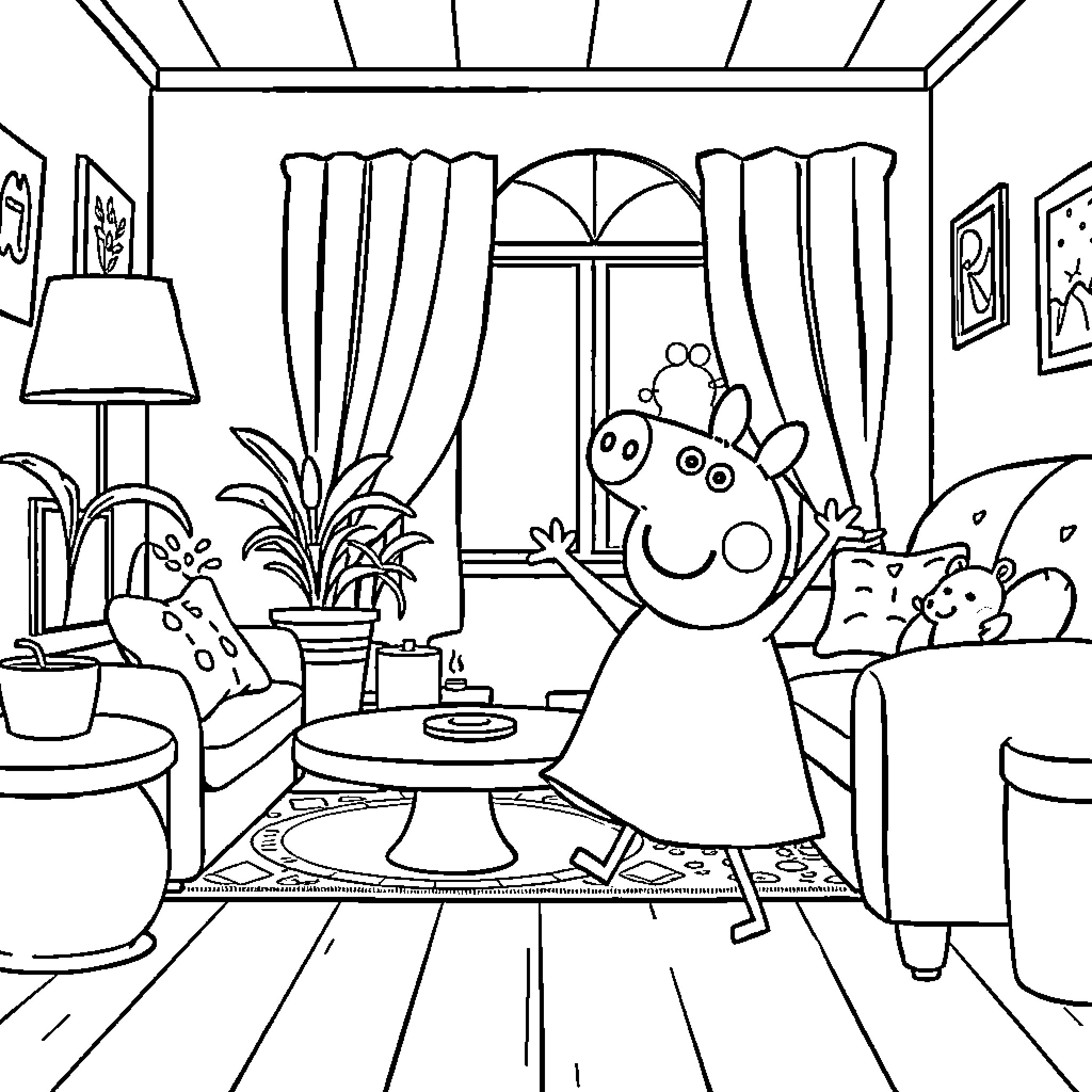 Peppa Pig enjoys a cozy indoor scene Coloring Page (free black-and-white line drawing printable PDF for all, from beginners to advanced learners, including children, teens, adults, and seniors)