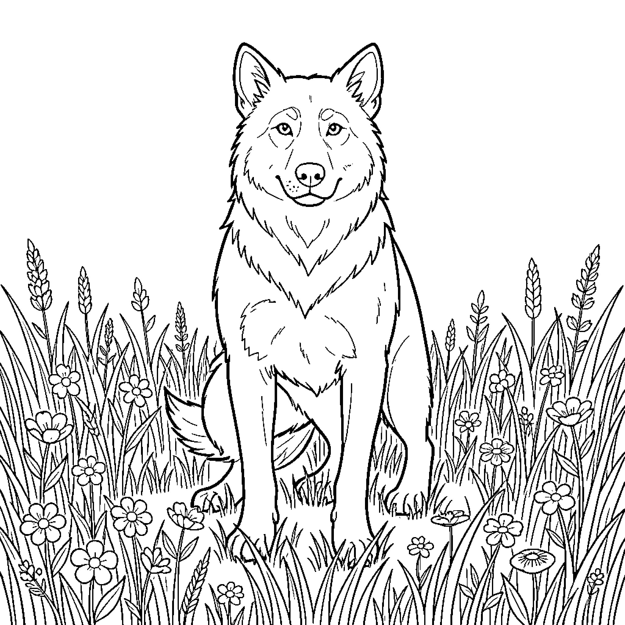 Wolf sitting calmly amidst a field of wildflowers Coloring Page (free black-and-white line drawing printable PDF for all, from beginners to advanced learners, including children, teens, adults, and seniors)