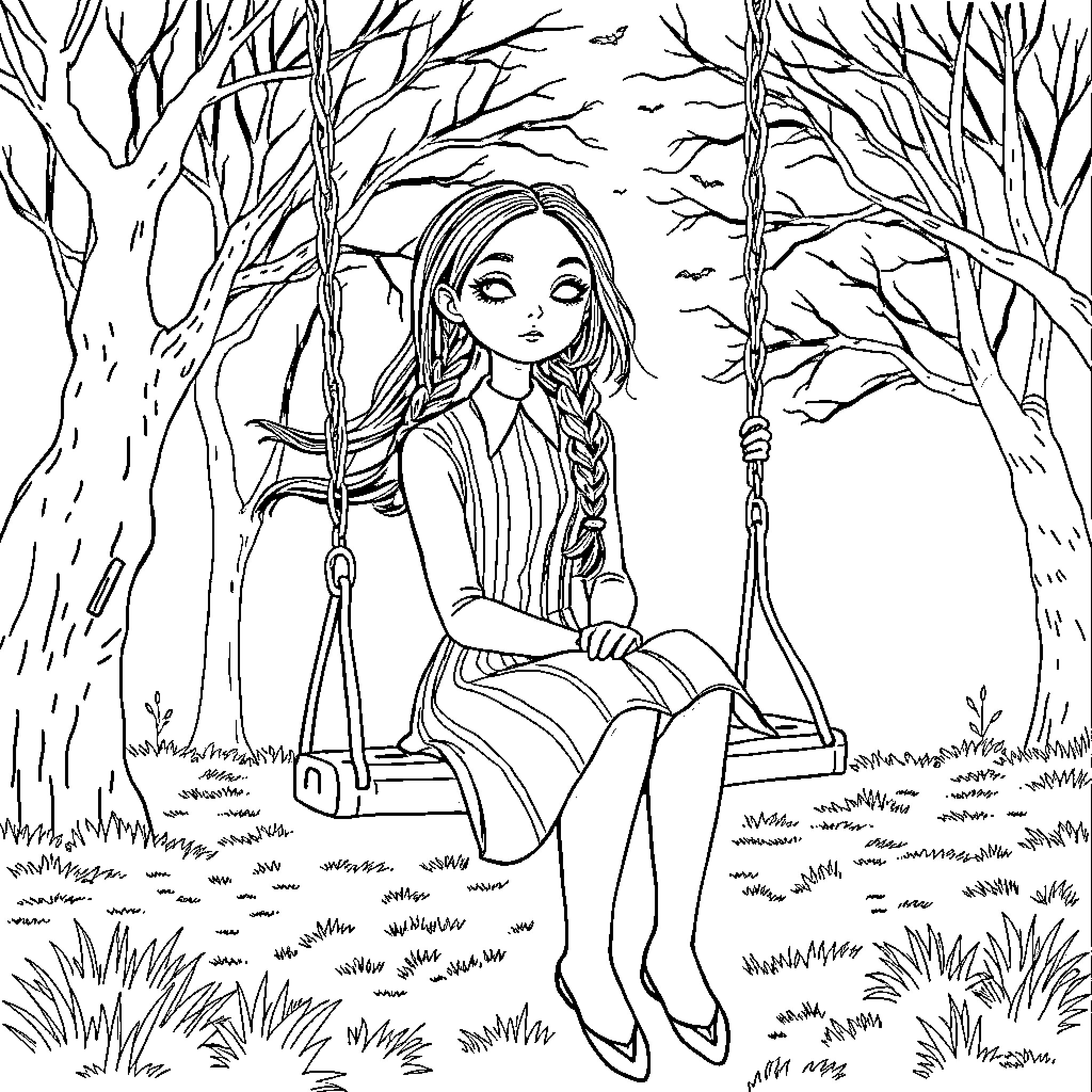 Wednesday Addams swinging in a forest Coloring Page (free black-and-white line drawing printable PDF for all, from beginners to advanced learners, including children, teens, adults, and seniors)