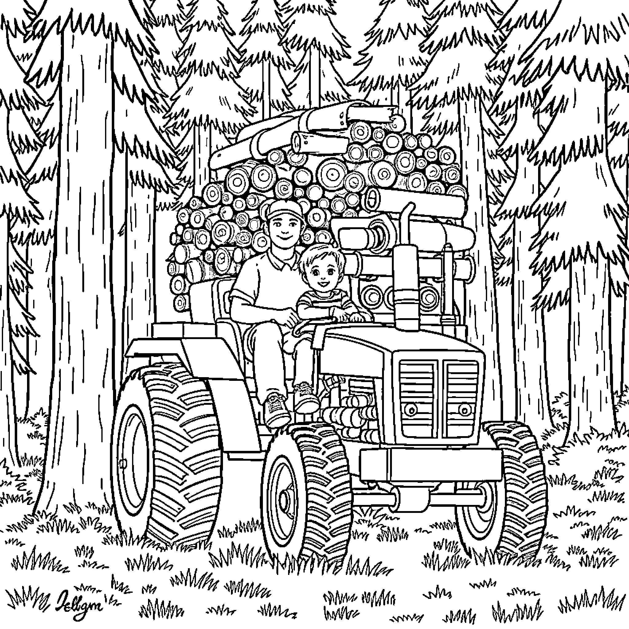 Tractor transporting lumber through the forest Coloring Page (free black-and-white line drawing printable PDF for all, from beginners to advanced learners, including children, teens, adults, and seniors)
