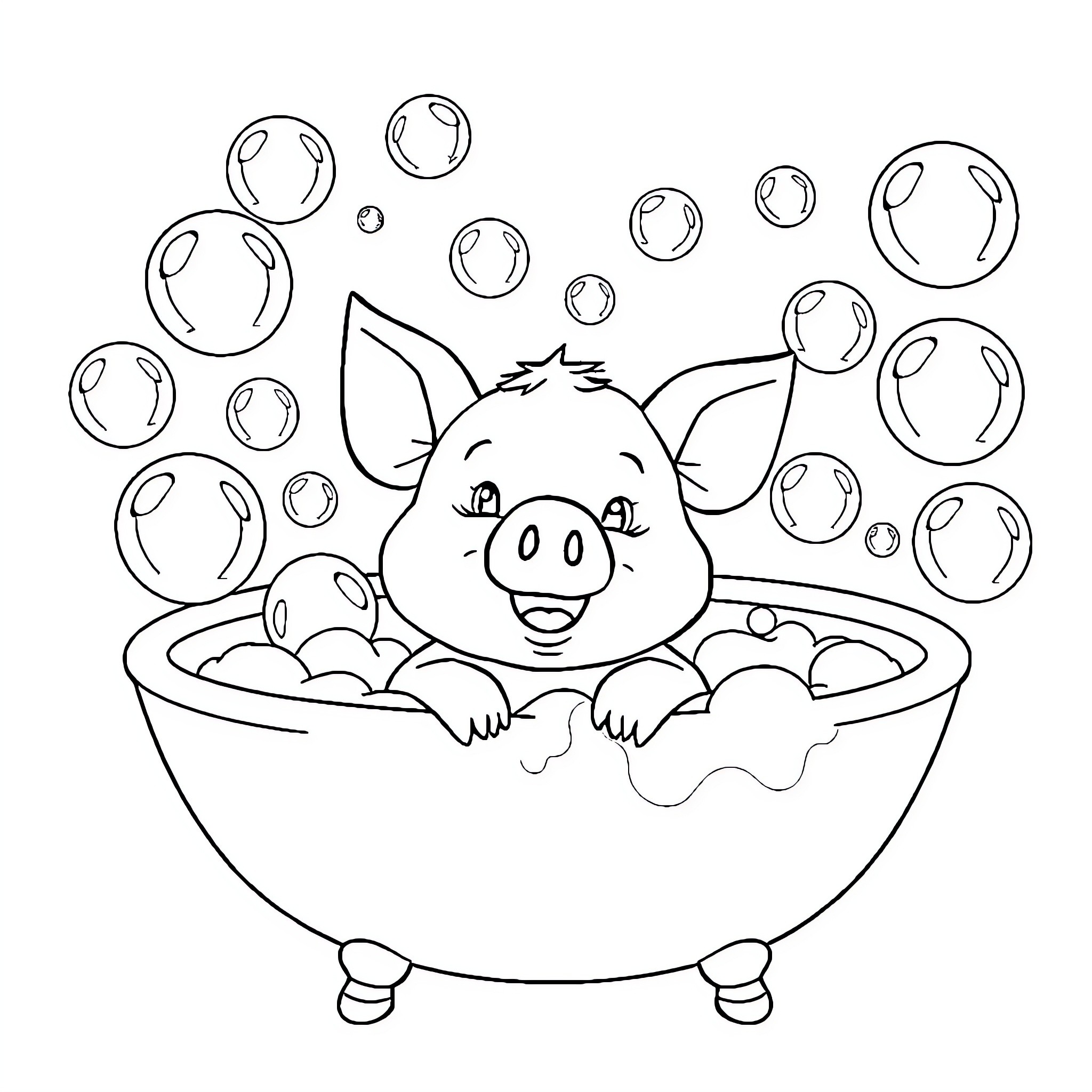 Pig enjoying a bubbly bath Coloring Page (free black-and-white line drawing printable PDF for all, from beginners to advanced learners, including children, teens, adults, and seniors)