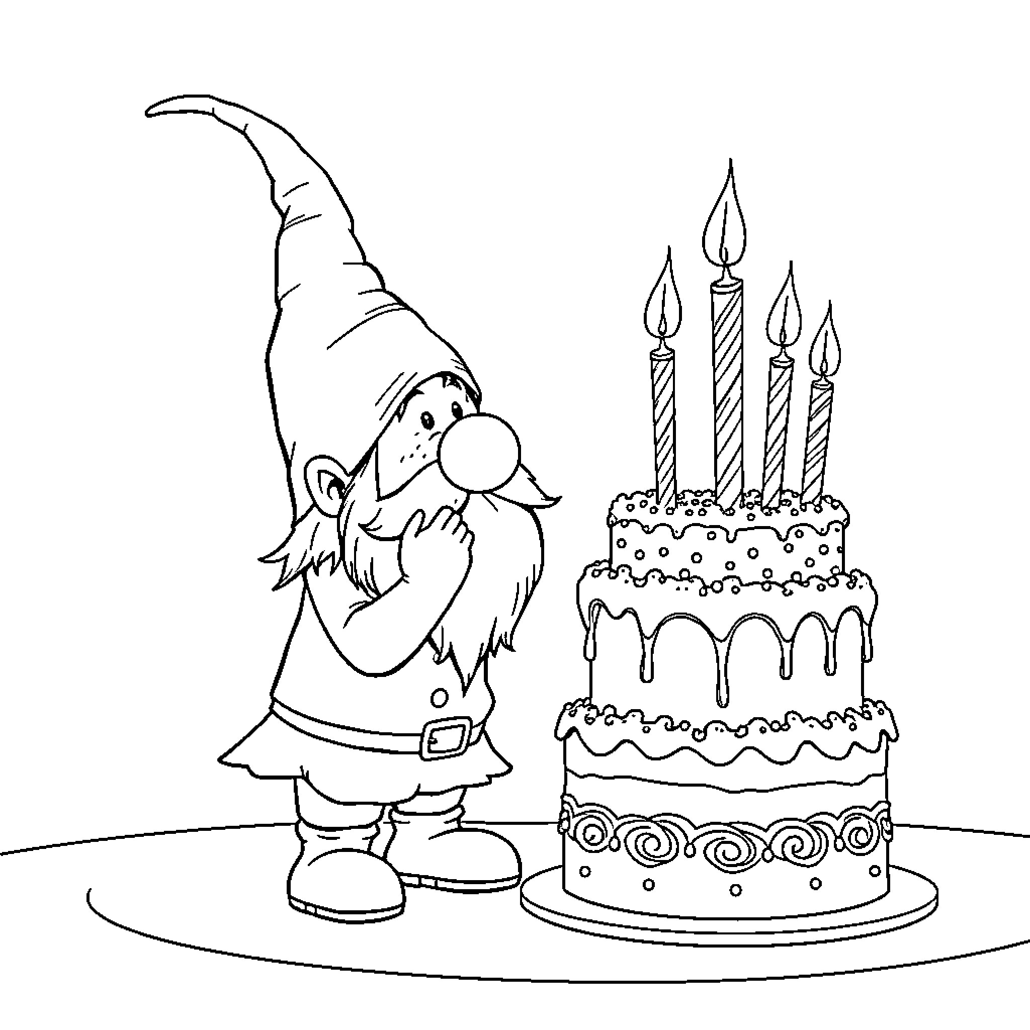 Gnome celebrating birthday with cake and candles Coloring Page (free black-and-white line drawing printable PDF for all, from beginners to advanced learners, including children, teens, adults, and seniors)