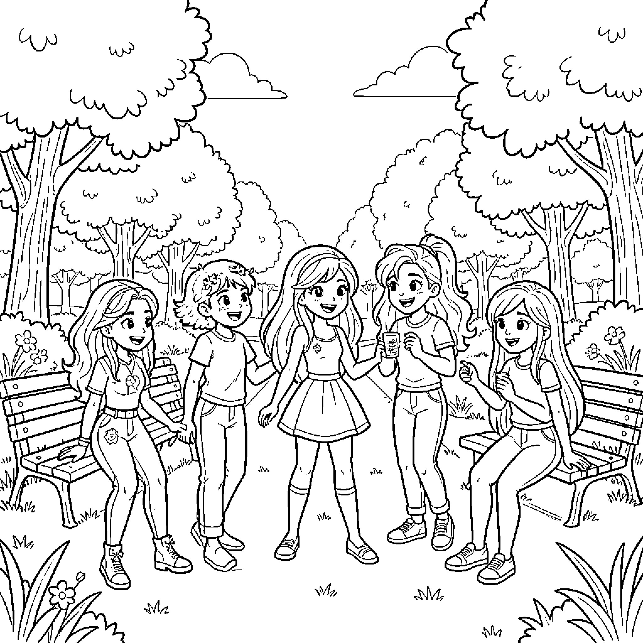 Miraculous group of friends laughing together in a park Coloring Page (free black-and-white line drawing printable PDF for all, from beginners to advanced learners, including children, teens, adults, and seniors)