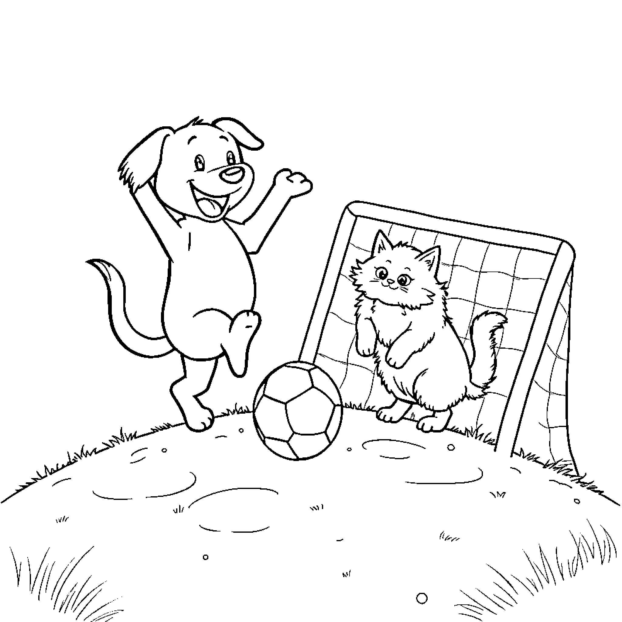 Dog and cat playing with soccer ball on the field Coloring Page (free black-and-white line drawing printable PDF for all, from beginners to advanced learners, including children, teens, adults, and seniors)