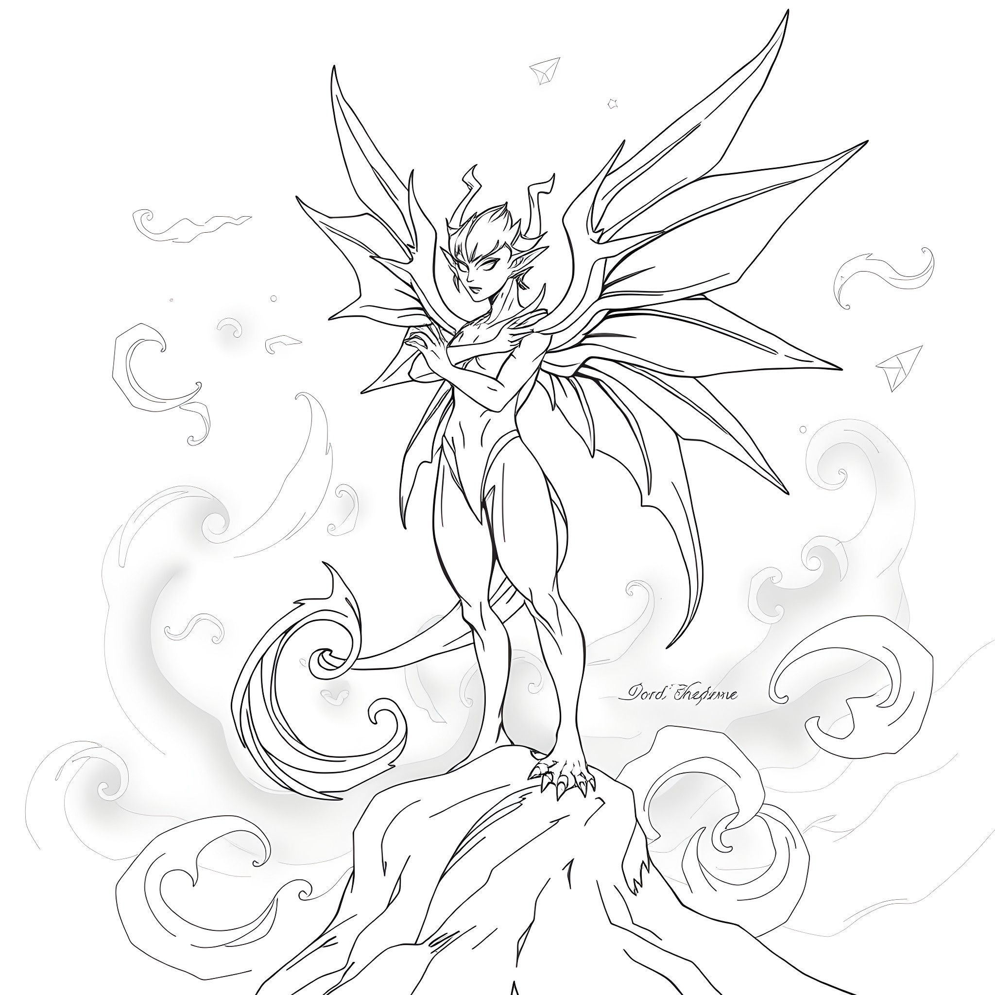 Lucifer, the Fallen Angel's Dramatic Transformation Coloring Page (free black-and-white line drawing printable PDF for all, from beginners to advanced learners, including children, teens, adults, and seniors)