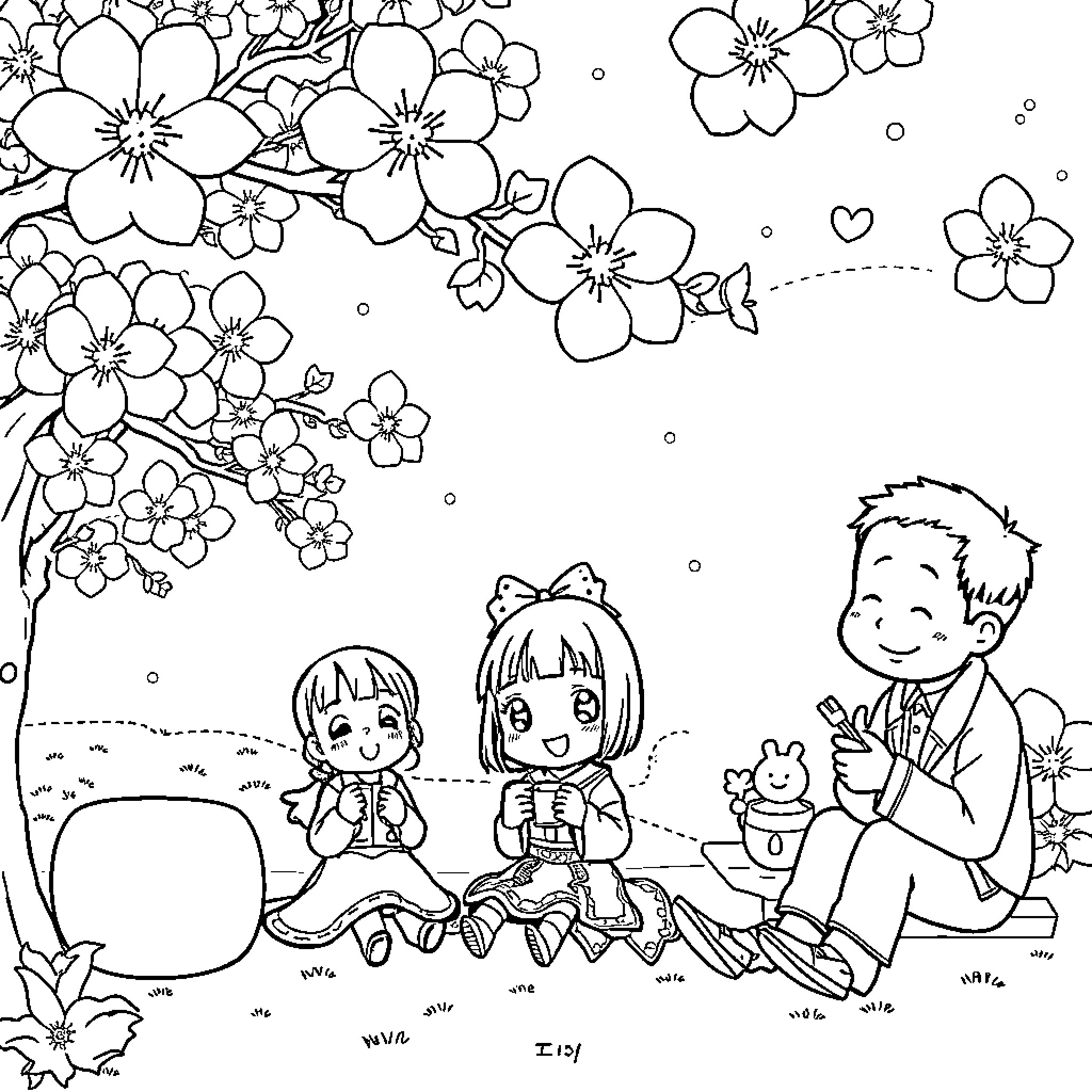 Chibi Maruko-chan enjoying a spring day with friends Coloring Page (free black-and-white line drawing printable PDF for all, from beginners to advanced learners, including children, teens, adults, and seniors)