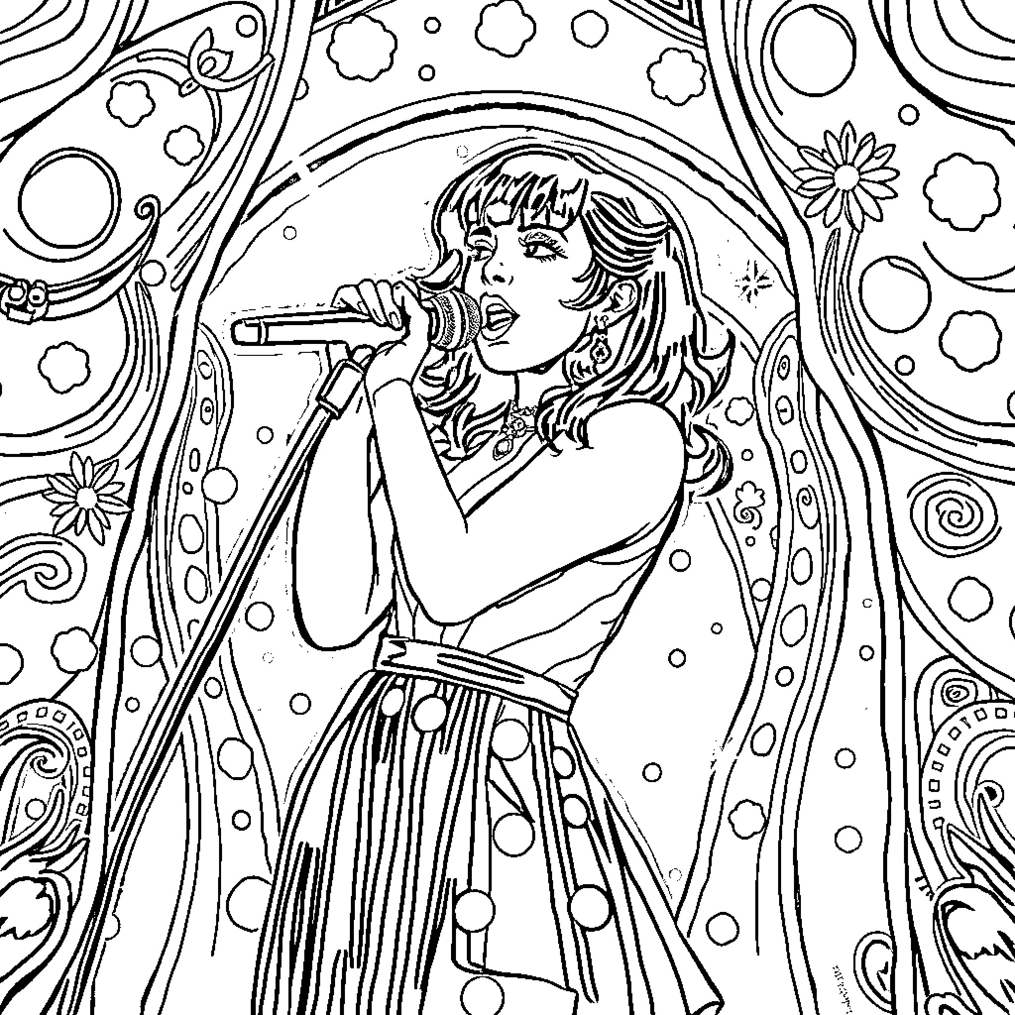 Melanie Martinez performing on stage with microphone Coloring Page (free black-and-white line drawing printable PDF for all, from beginners to advanced learners, including children, teens, adults, and seniors)