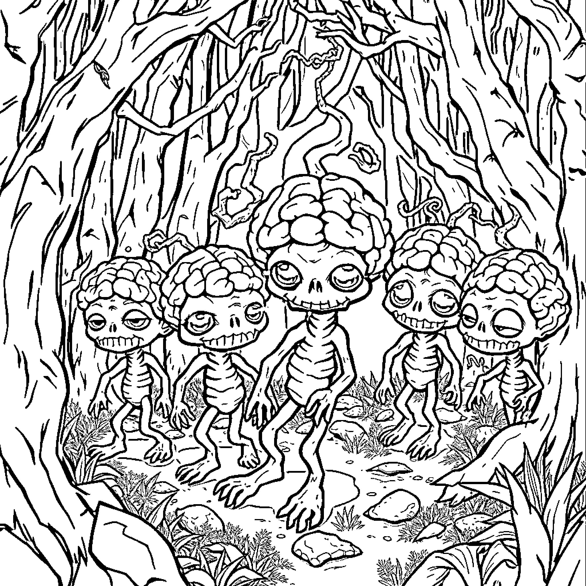 Brainrot Creatures Roaming Eerie Woodland Coloring Page (free black-and-white line drawing printable PDF for all, from beginners to advanced learners, including children, teens, adults, and seniors)