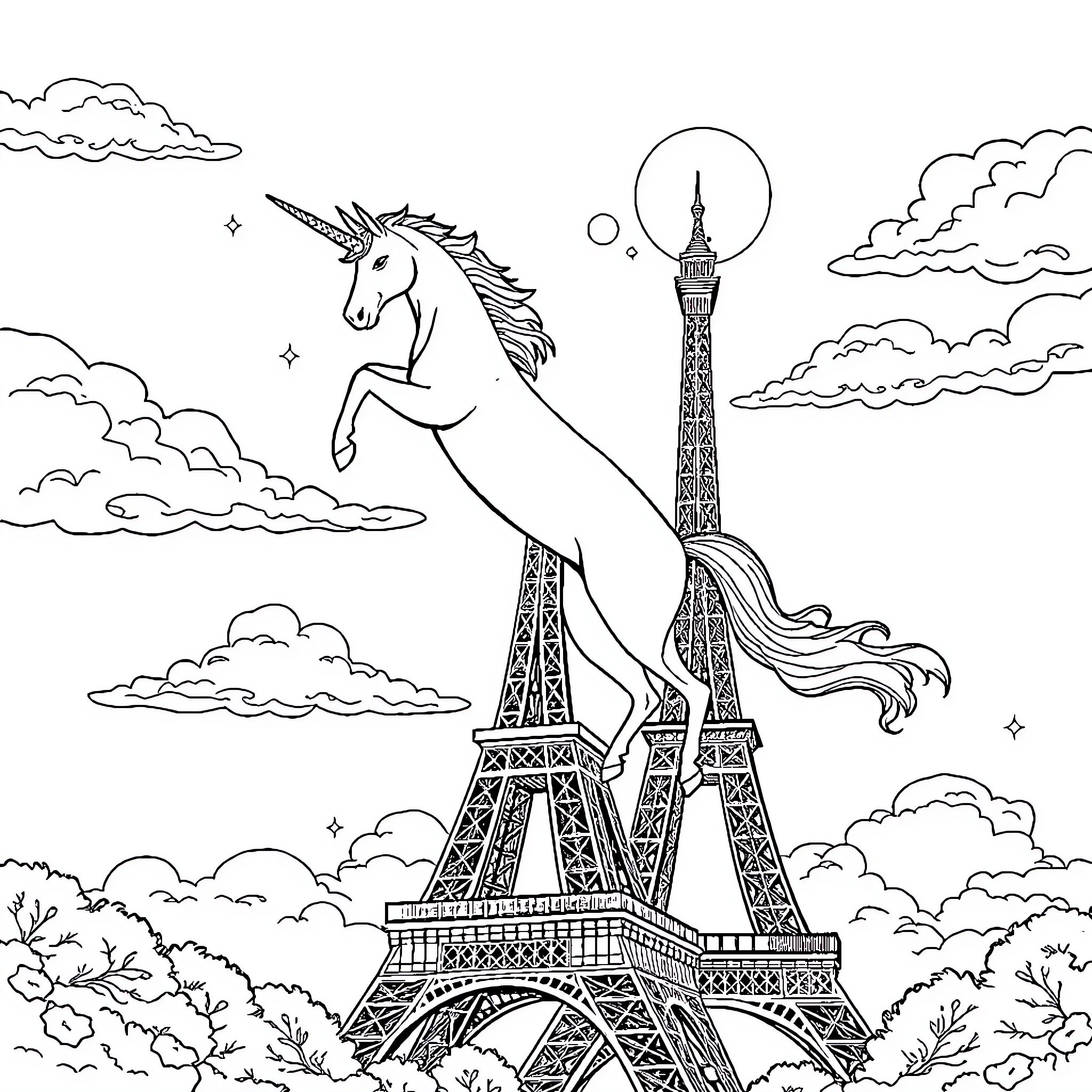Unicorn soaring over the Eiffel Tower Coloring Page (free black-and-white line drawing printable PDF for all, from beginners to advanced learners, including children, teens, adults, and seniors)