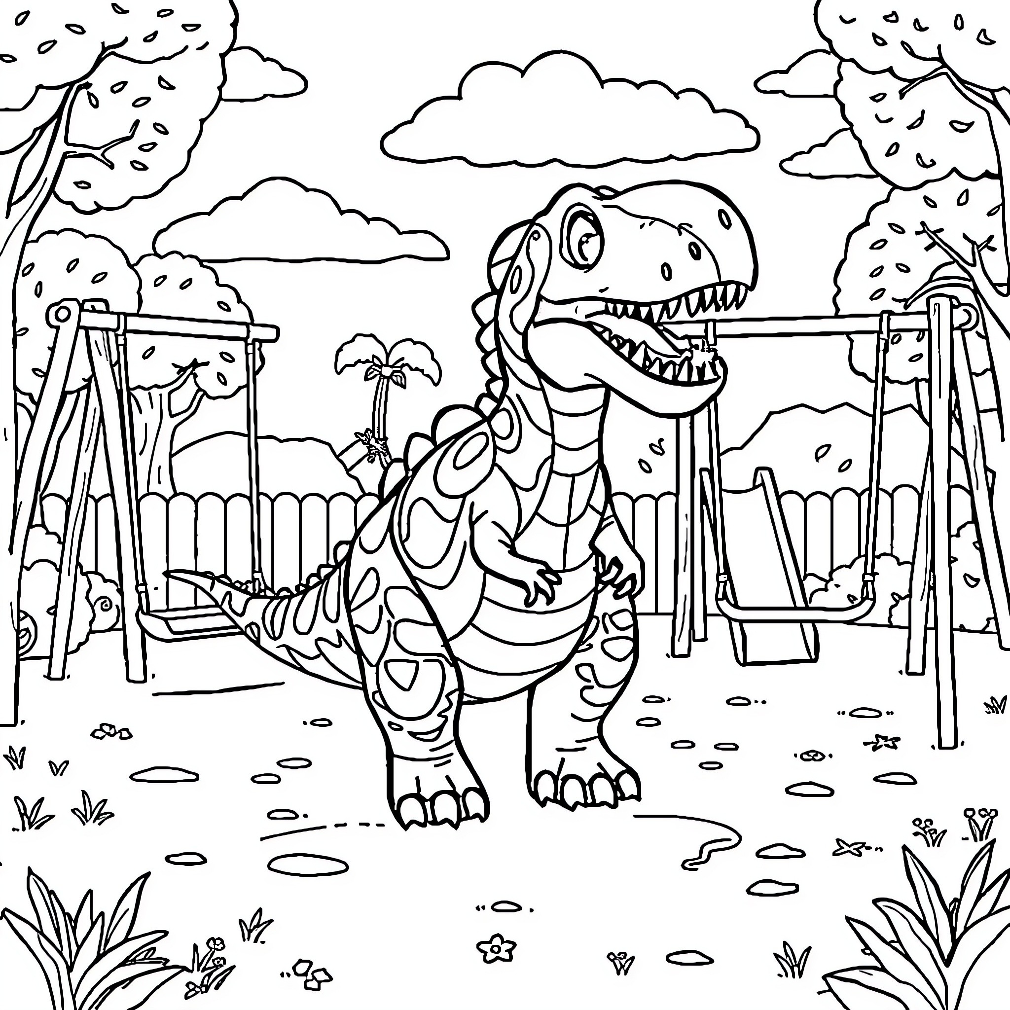 Dinosaur exploring a playground in the jungle Coloring Page (free black-and-white line drawing printable PDF for all, from beginners to advanced learners, including children, teens, adults, and seniors)