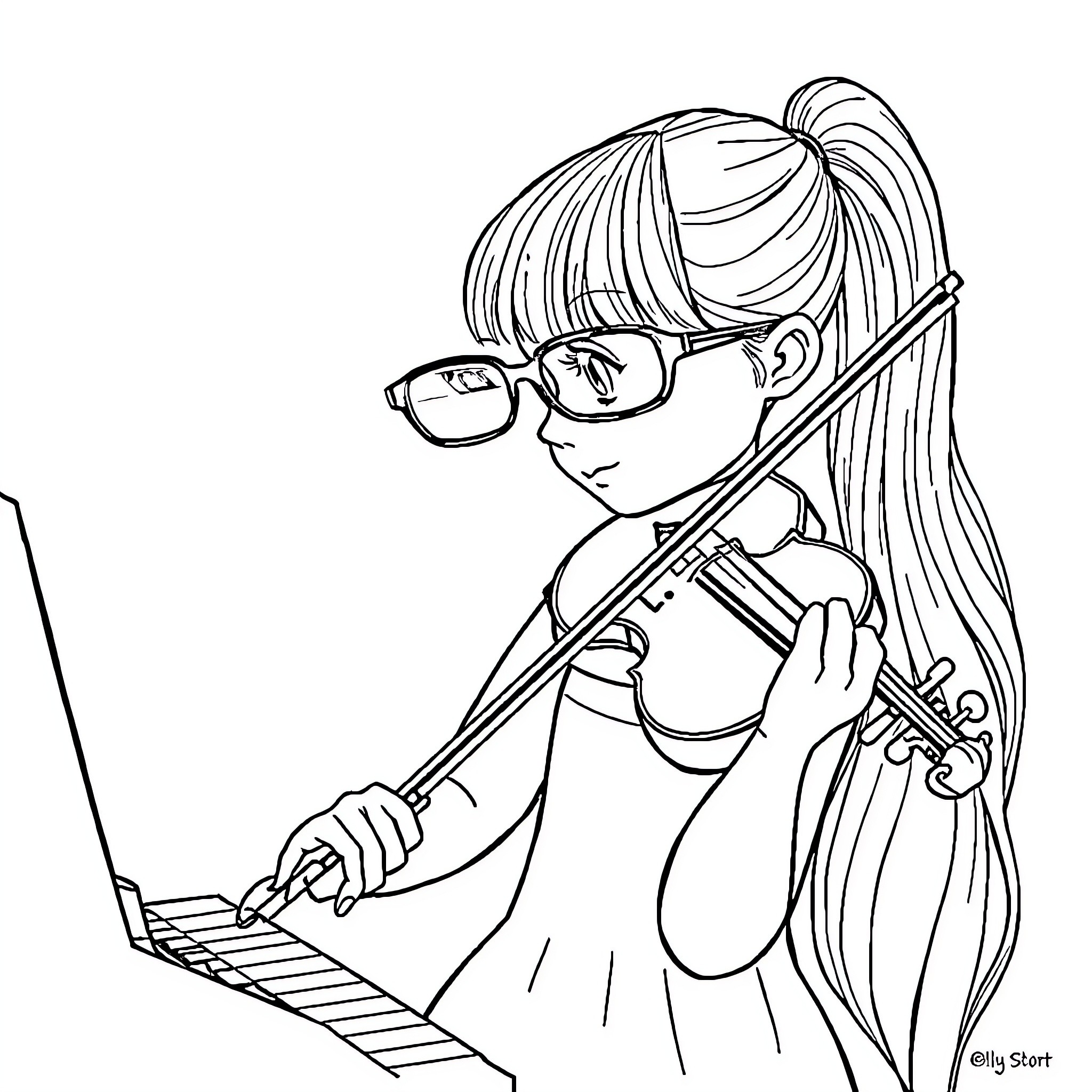 Friend playing violin and typing on laptop Coloring Page (free black-and-white line drawing printable PDF for all, from beginners to advanced learners, including children, teens, adults, and seniors)