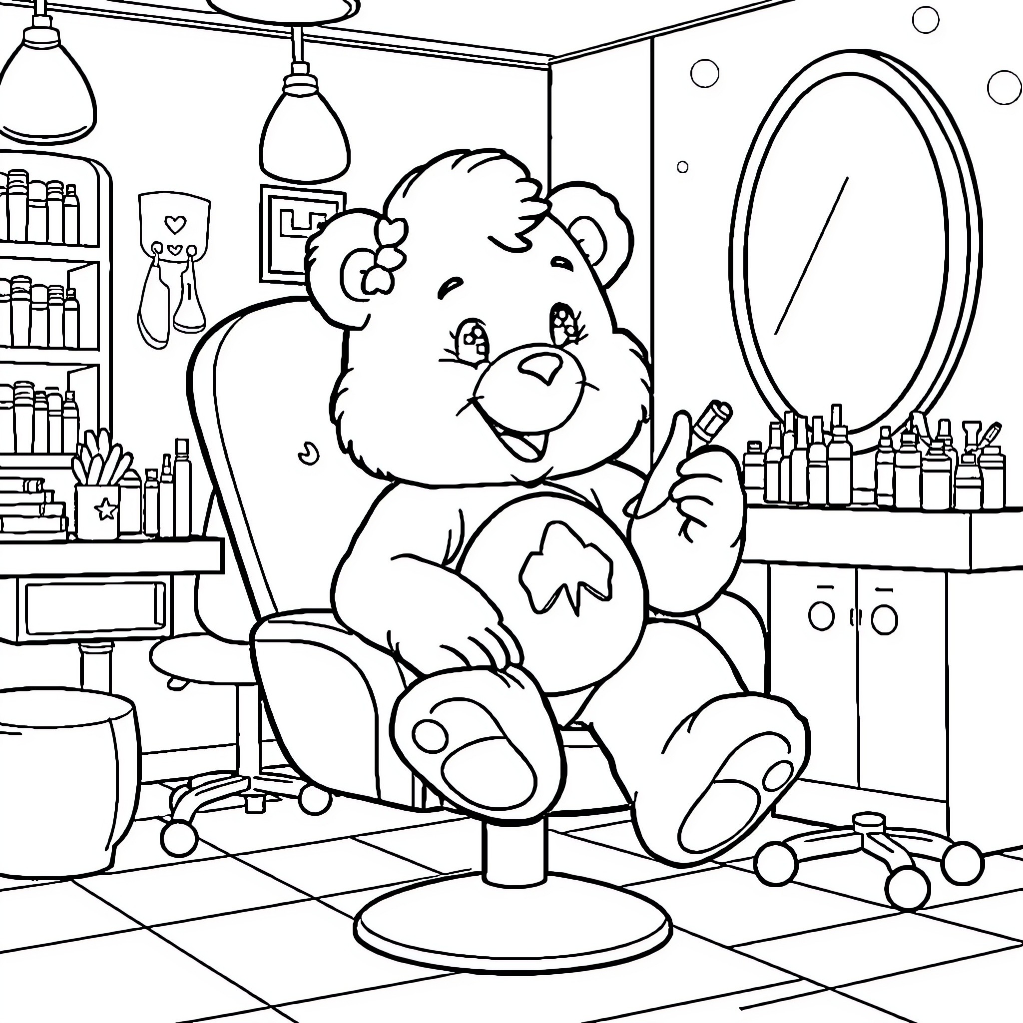 Care Bear enjoys a relaxing day at the spa Coloring Page (free black-and-white line drawing printable PDF for all, from beginners to advanced learners, including children, teens, adults, and seniors)