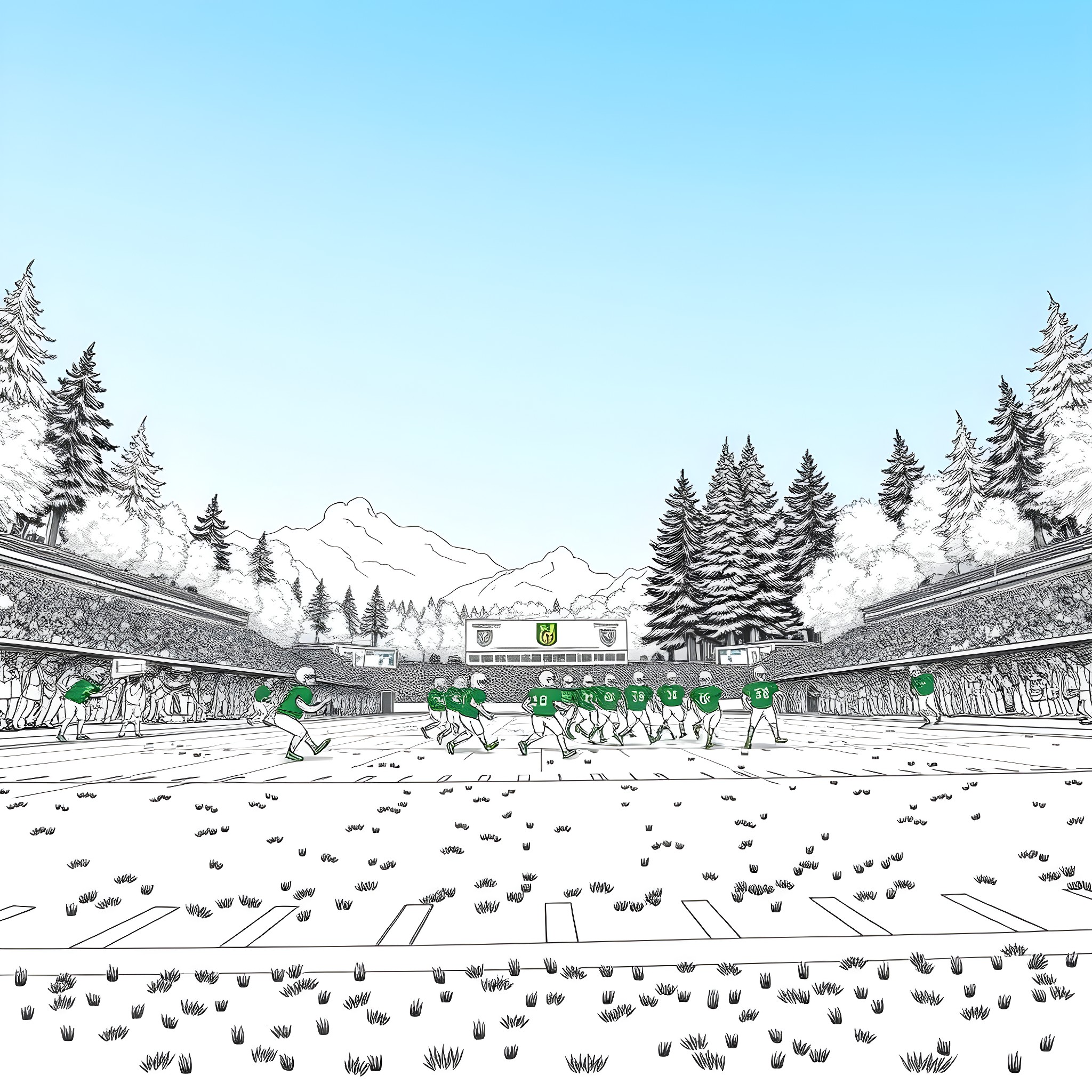 Duck Pond in a Snowy Winter Landscape Coloring Page (free black-and-white line drawing printable PDF for all, from beginners to advanced learners, including children, teens, adults, and seniors)