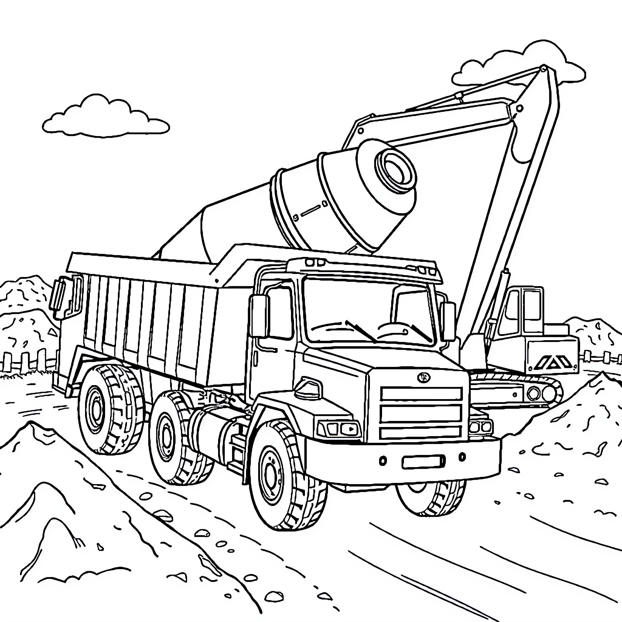 Truck with concrete mixer at construction site Coloring Page (free black-and-white line drawing printable PDF for all, from beginners to advanced learners, including children, teens, adults, and seniors)