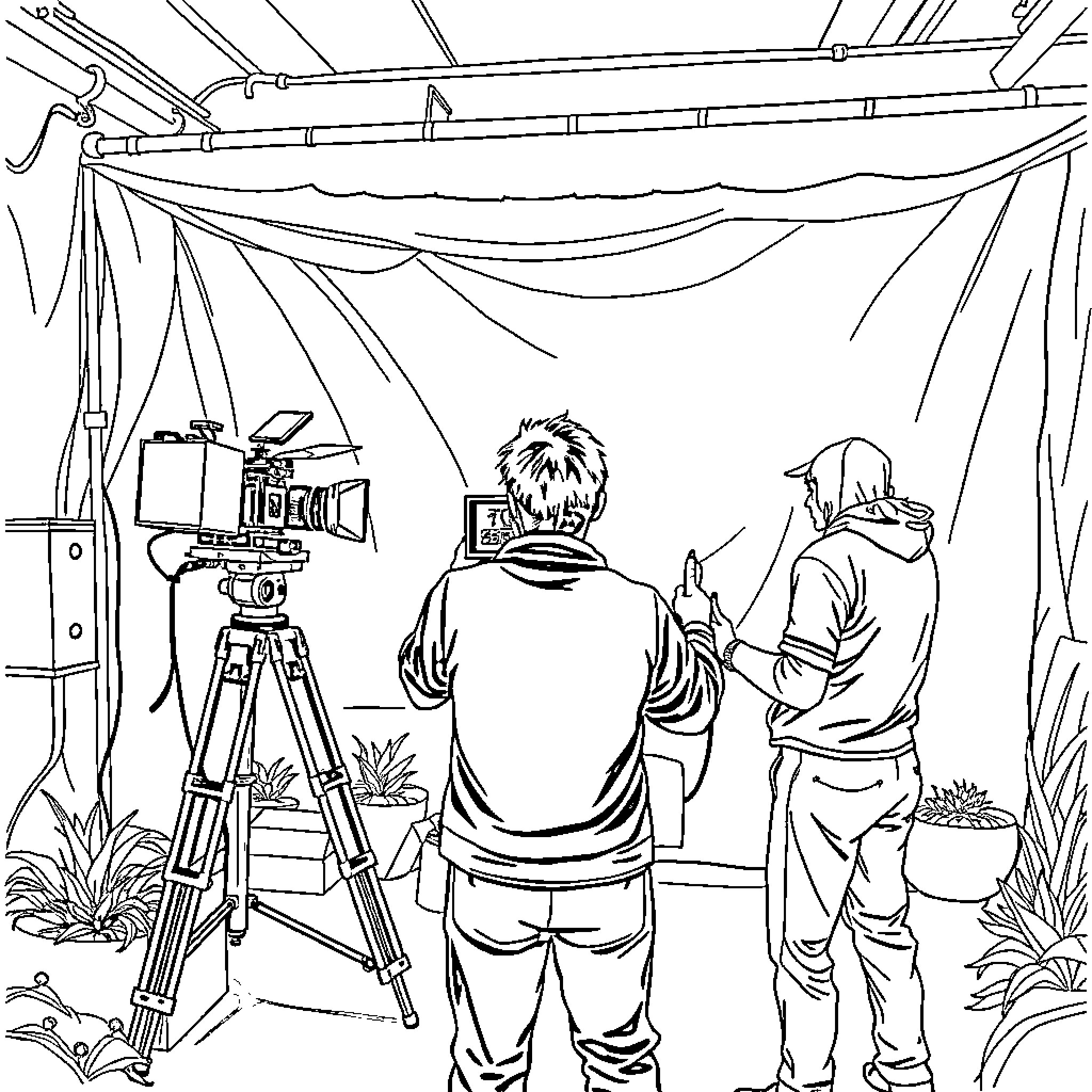 Videomaker filming on location in the outdoors Coloring Page (free black-and-white line drawing printable PDF for all, from beginners to advanced learners, including children, teens, adults, and seniors)