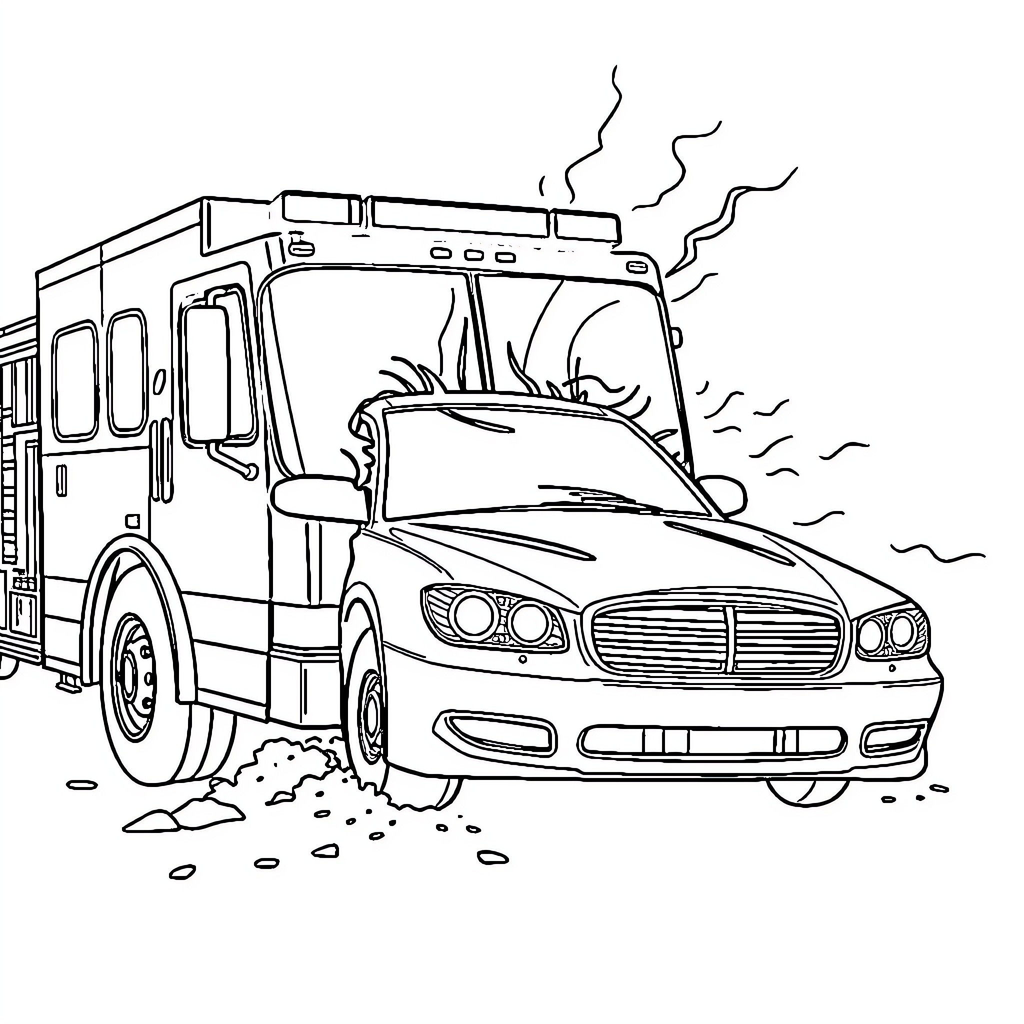 Car in action with smoke and debris Coloring Page (free black-and-white line drawing printable PDF for all, from beginners to advanced learners, including children, teens, adults, and seniors)