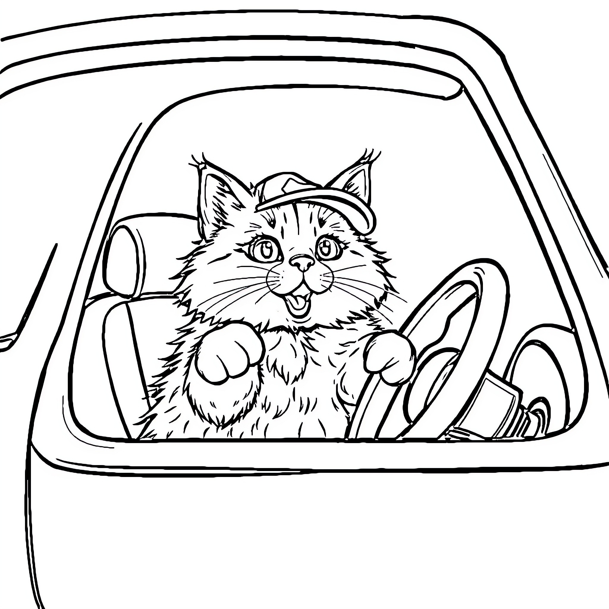 Cat peeking out of car window Coloring Page (free black-and-white line drawing printable PDF for all, from beginners to advanced learners, including children, teens, adults, and seniors)