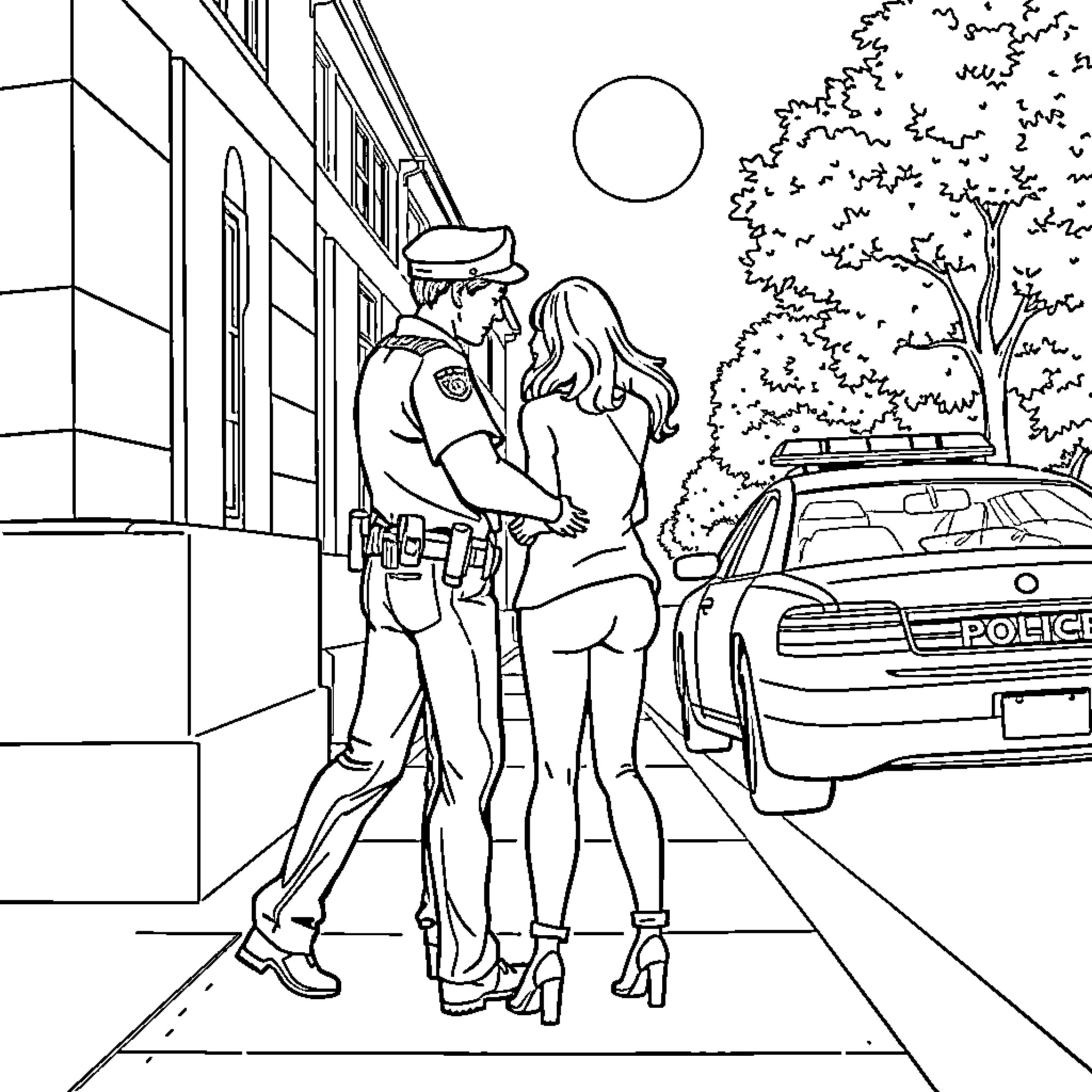 Policewoman helping a citizen on the street Coloring Page (free black-and-white line drawing printable PDF for all, from beginners to advanced learners, including children, teens, adults, and seniors)