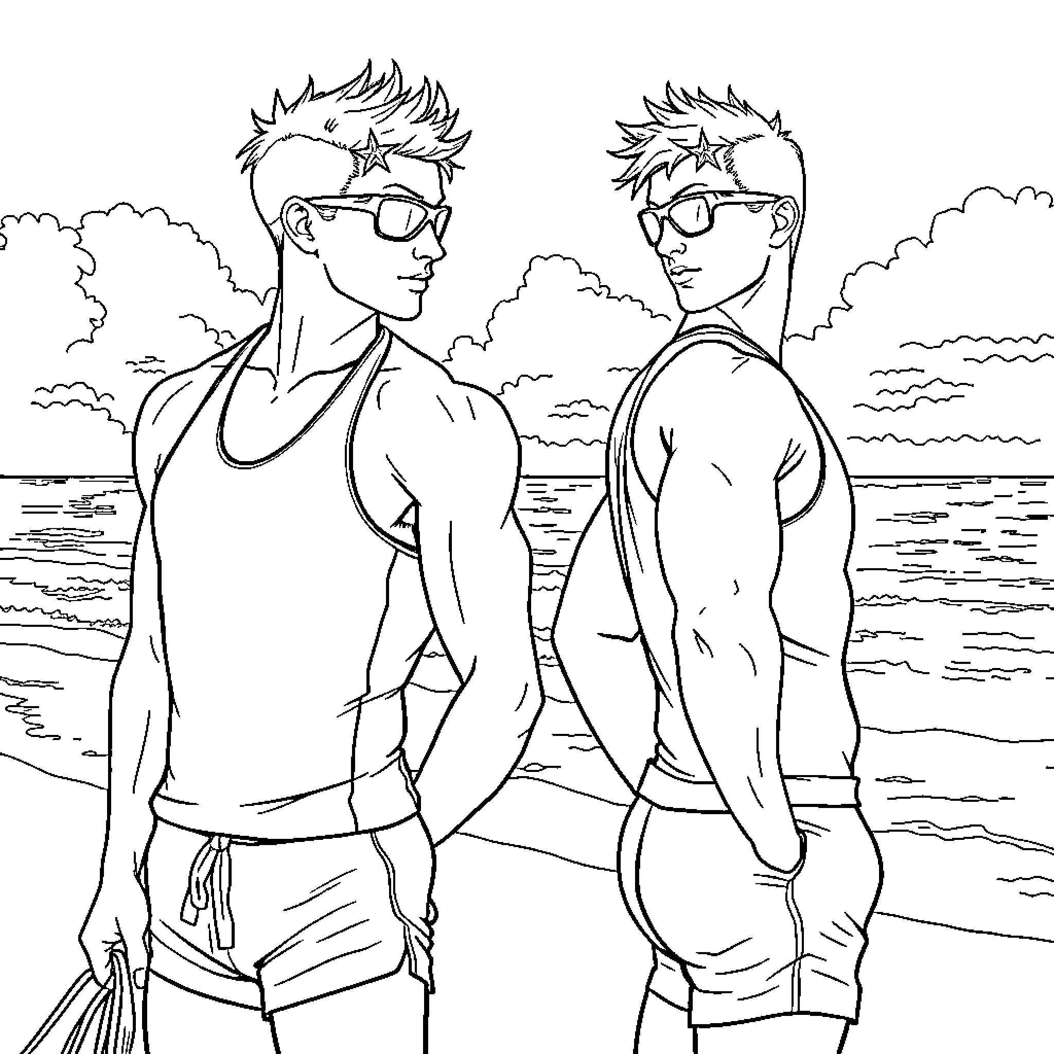 Lifeguards on duty by the beach Coloring Page (free black-and-white line drawing printable PDF for all, from beginners to advanced learners, including children, teens, adults, and seniors)