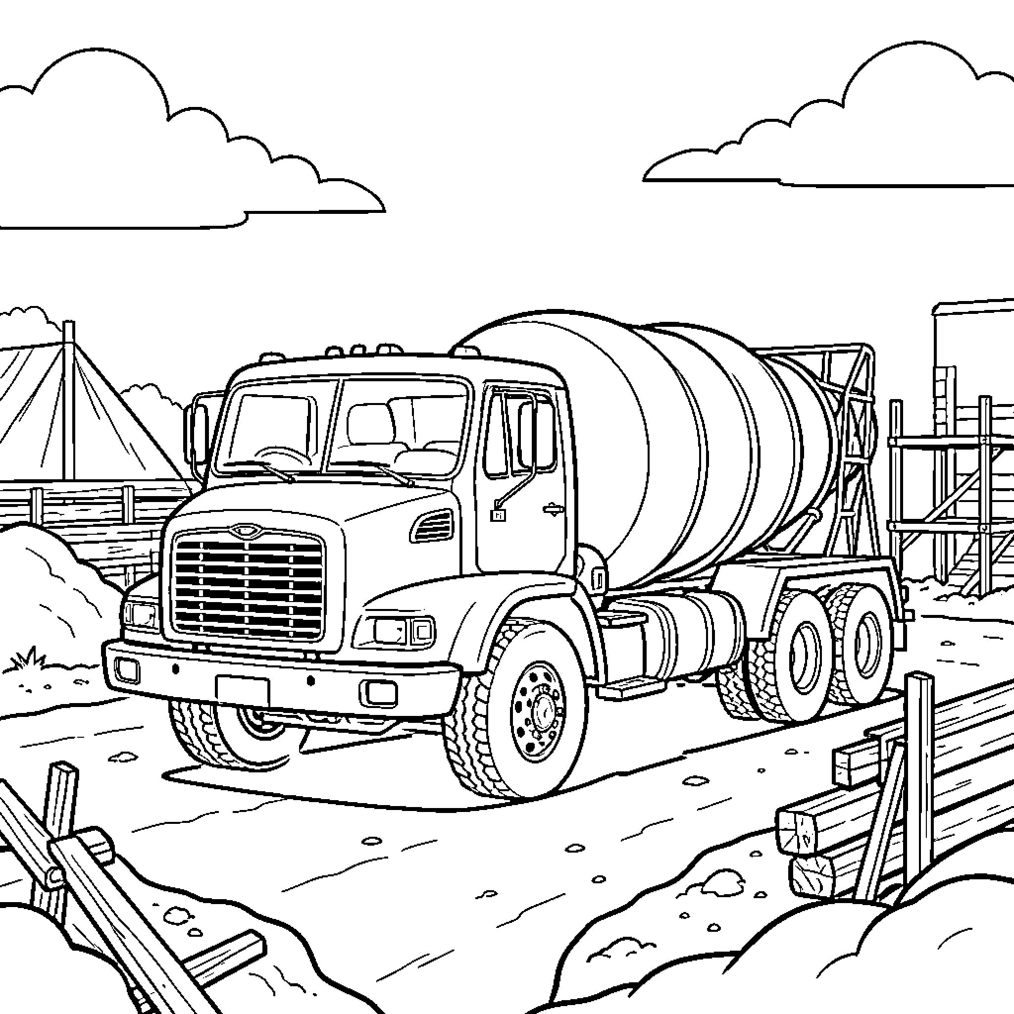 Cement Truck driving on a construction site road Coloring Page (free black-and-white line drawing printable PDF for all, from beginners to advanced learners, including children, teens, adults, and seniors)