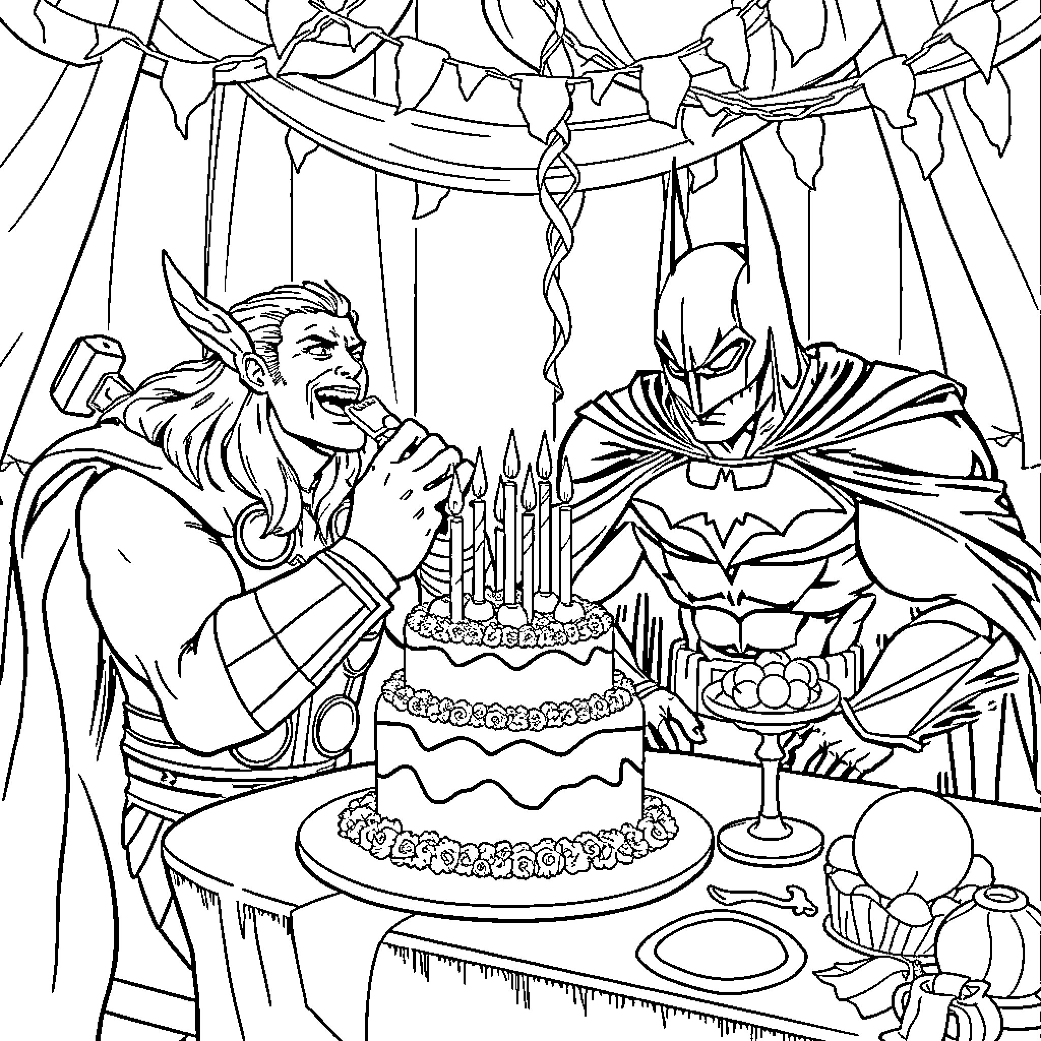 Thor and Batman Celebrating with Cake and Wine Coloring Page (free black-and-white line drawing printable PDF for all, from beginners to advanced learners, including children, teens, adults, and seniors)
