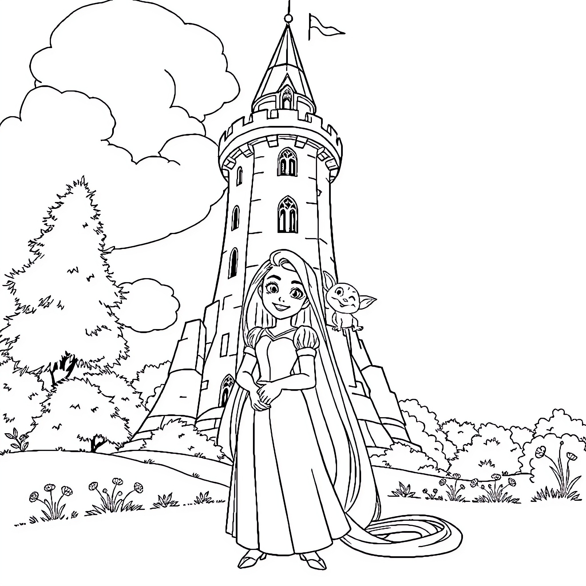 Rapunzel waiting patiently in her castle tower Coloring Page (free black-and-white line drawing printable PDF for all, from beginners to advanced learners, including children, teens, adults, and seniors)