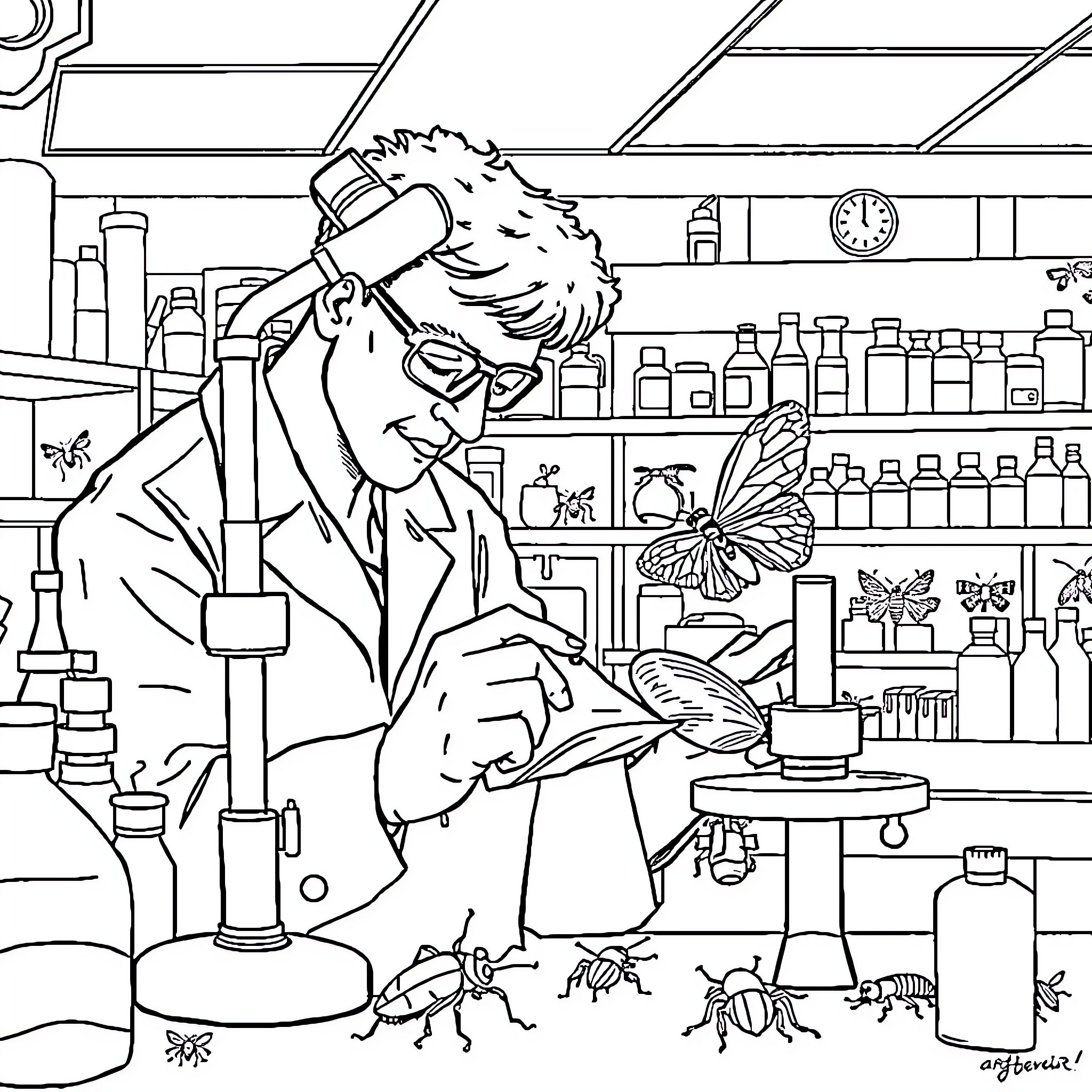 Entomologist Examining Specimens in Laboratory Coloring Page (free black-and-white line drawing printable PDF for all, from beginners to advanced learners, including children, teens, adults, and seniors)