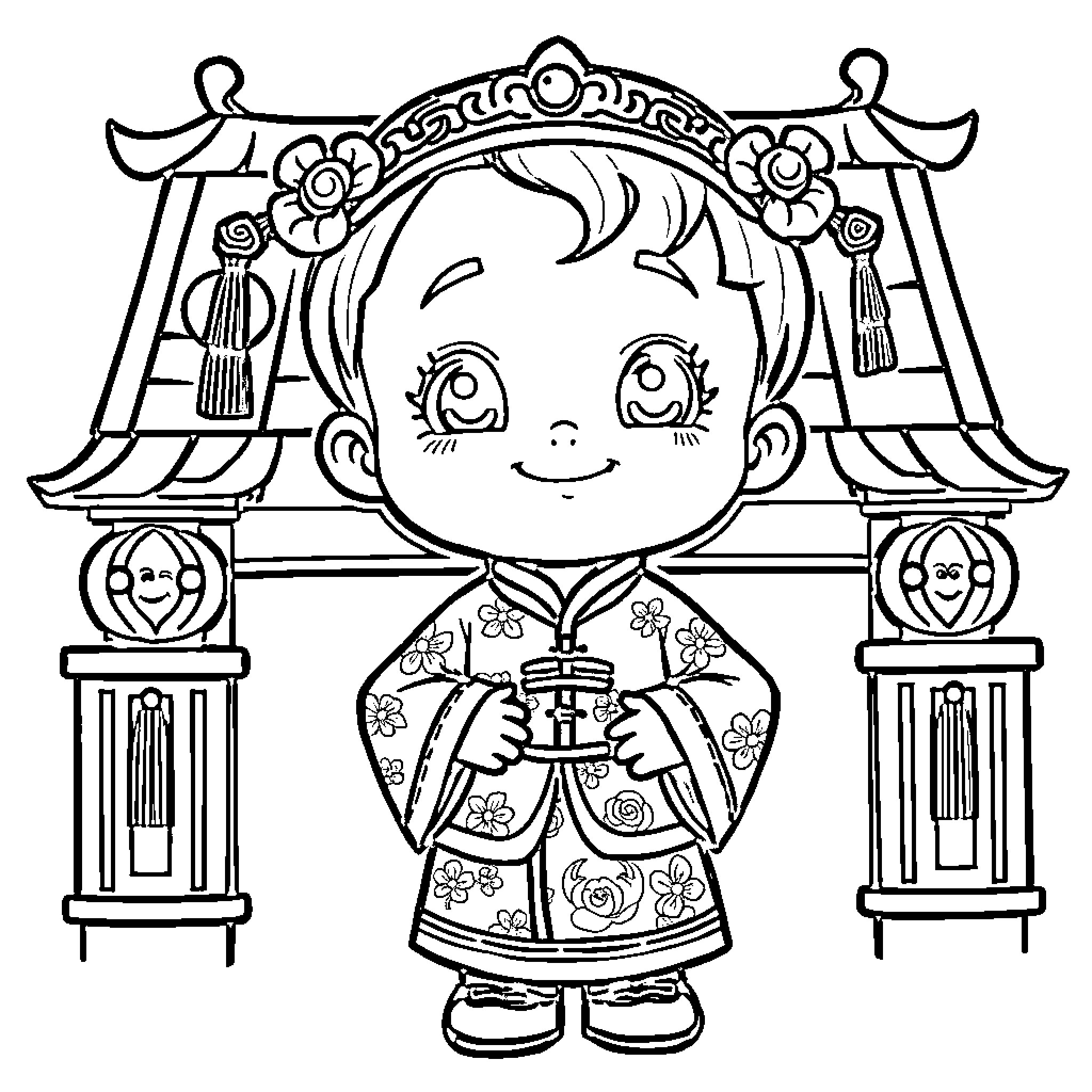 Child in traditional Asian costume with ornate frame Coloring Page (free black-and-white line drawing printable PDF for all, from beginners to advanced learners, including children, teens, adults, and seniors)