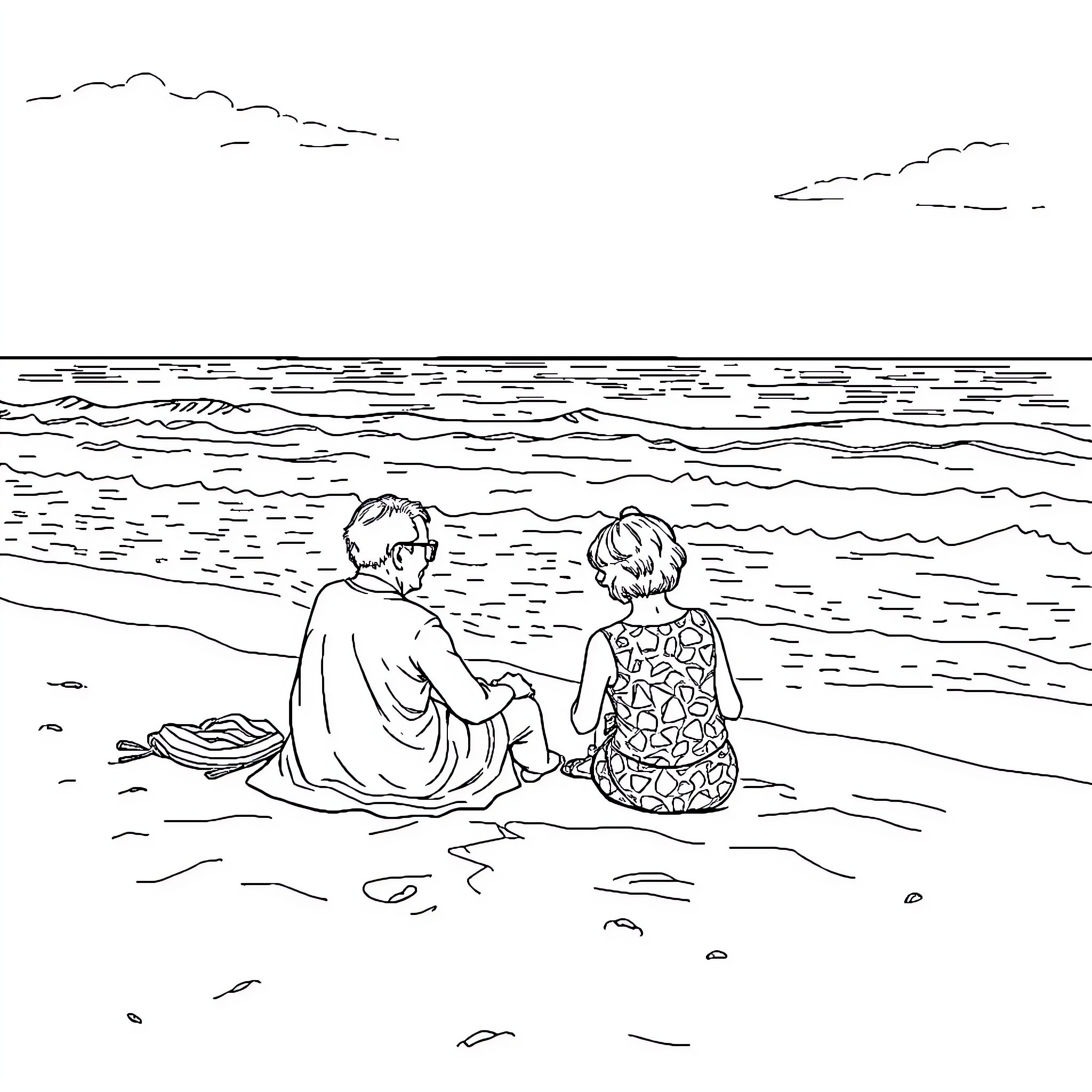 Elderly couple relaxing on the beach Coloring Page (free black-and-white line drawing printable PDF for all, from beginners to advanced learners, including children, teens, adults, and seniors)