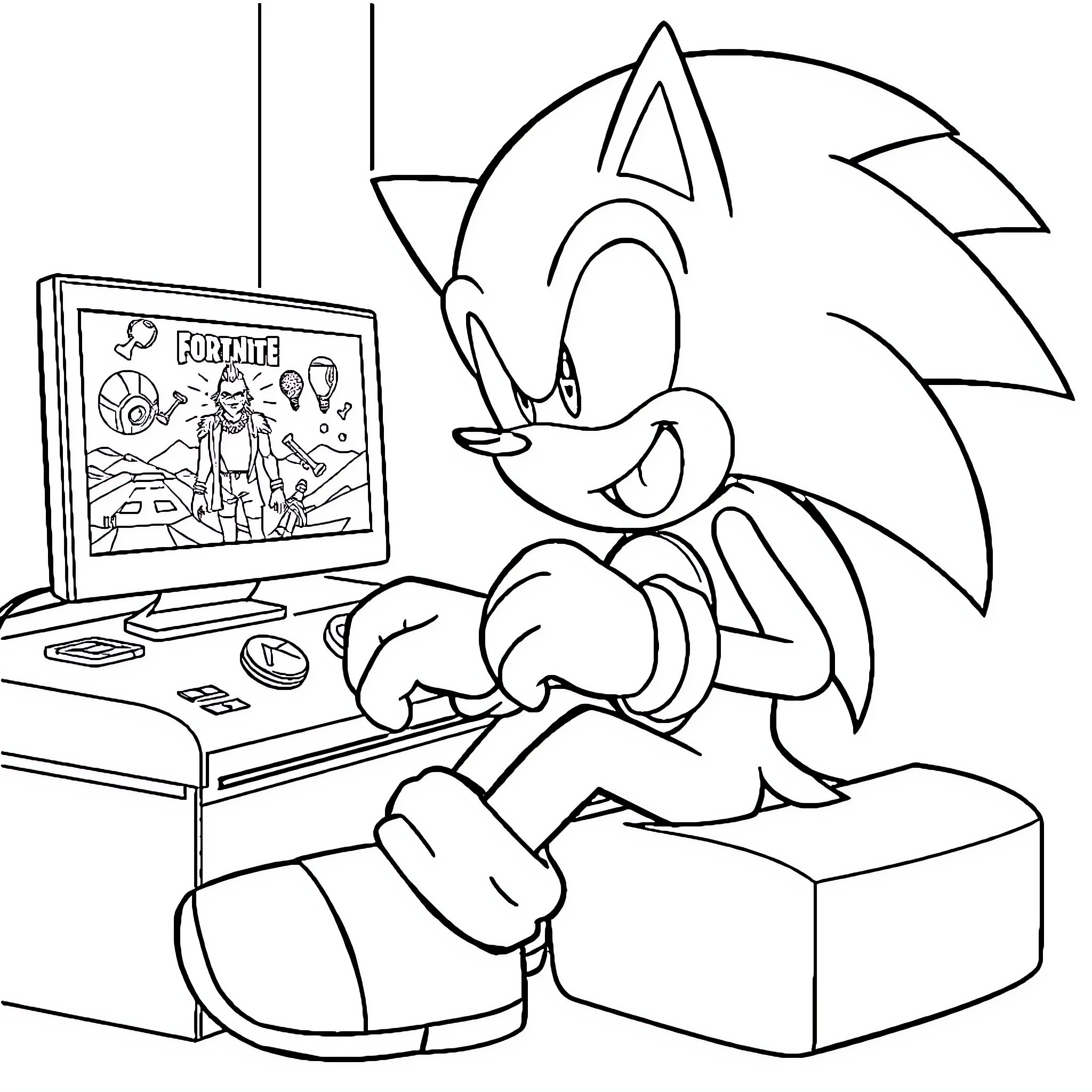 Sonic playing video game on computer Coloring Page (free black-and-white line drawing printable PDF for all, from beginners to advanced learners, including children, teens, adults, and seniors)