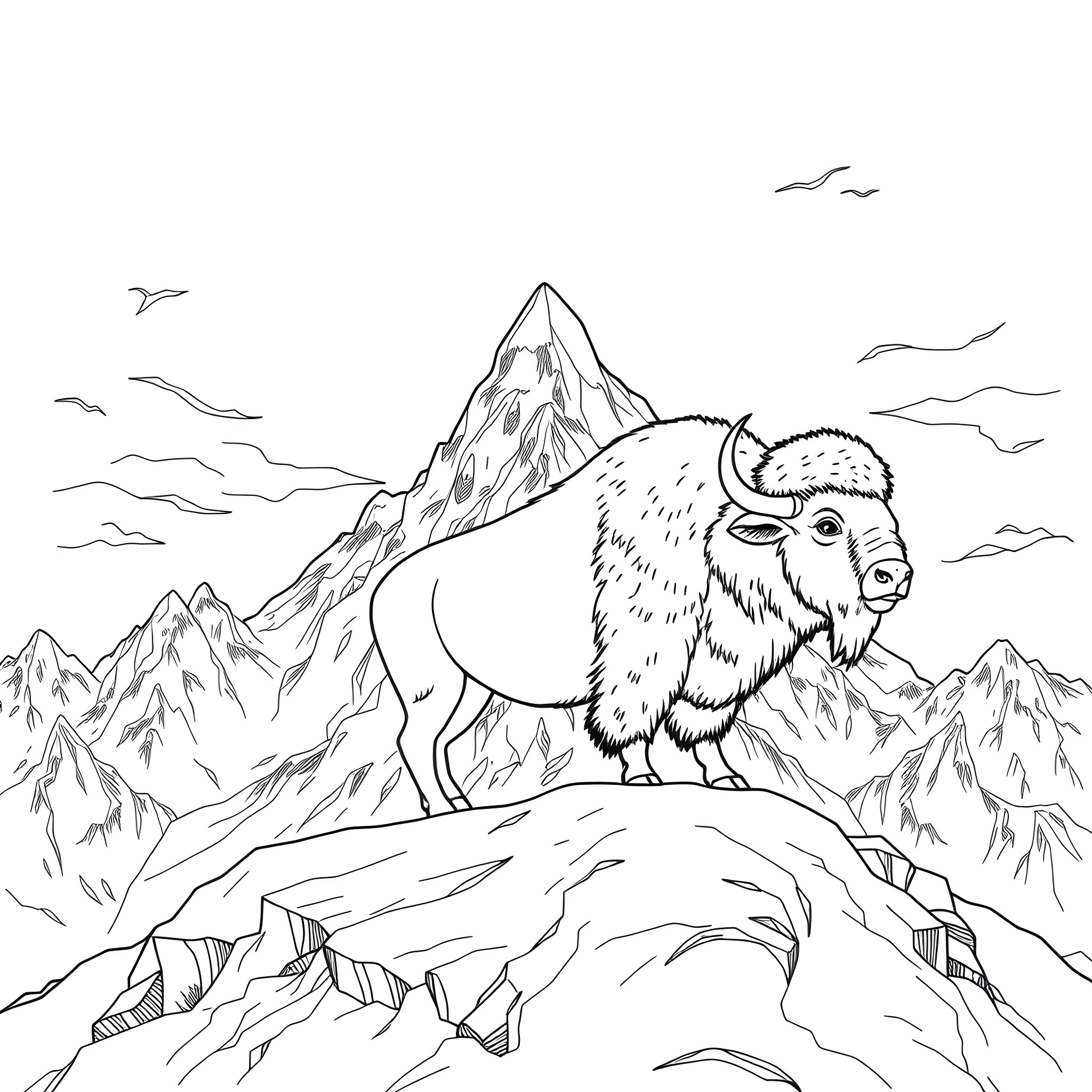 Buffalo standing tall on a rocky mountain peak Coloring Page (free black-and-white line drawing printable PDF for all, from beginners to advanced learners, including children, teens, adults, and seniors)