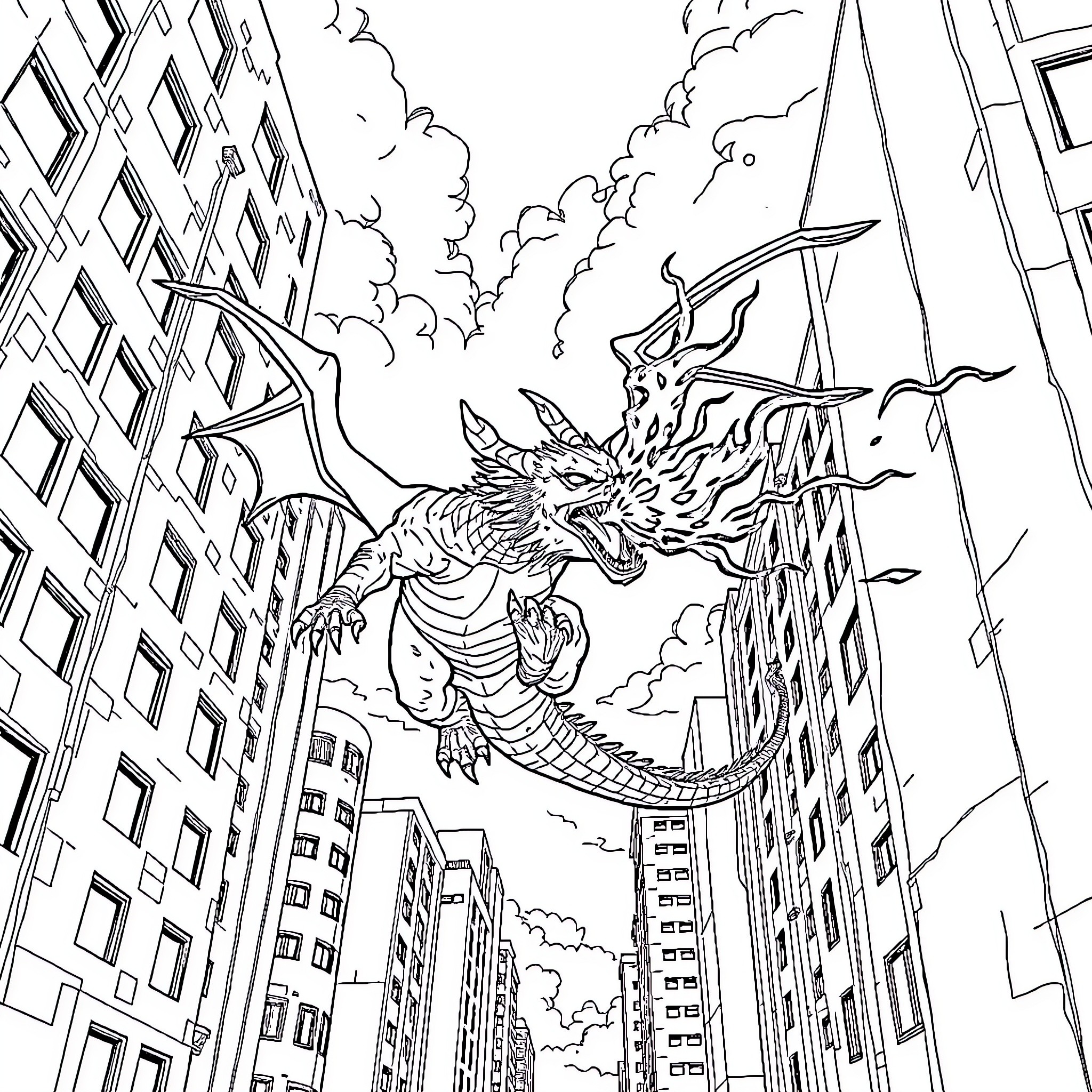 Dragon soaring over the city skyline Coloring Page (free black-and-white line drawing printable PDF for all, from beginners to advanced learners, including children, teens, adults, and seniors)