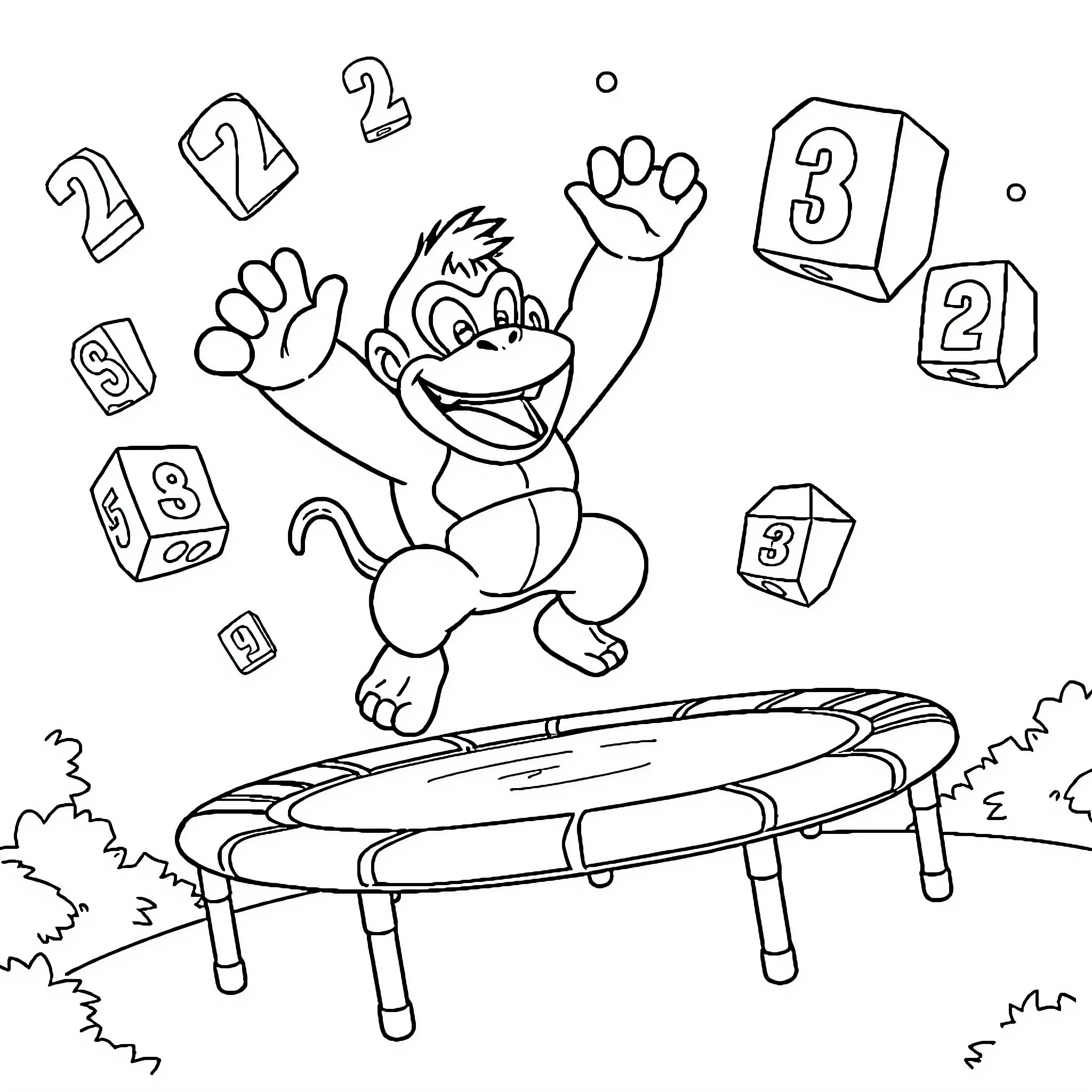 Donkey Kong jumping on a trampoline with numbers Coloring Page (free black-and-white line drawing printable PDF for all, from beginners to advanced learners, including children, teens, adults, and seniors)