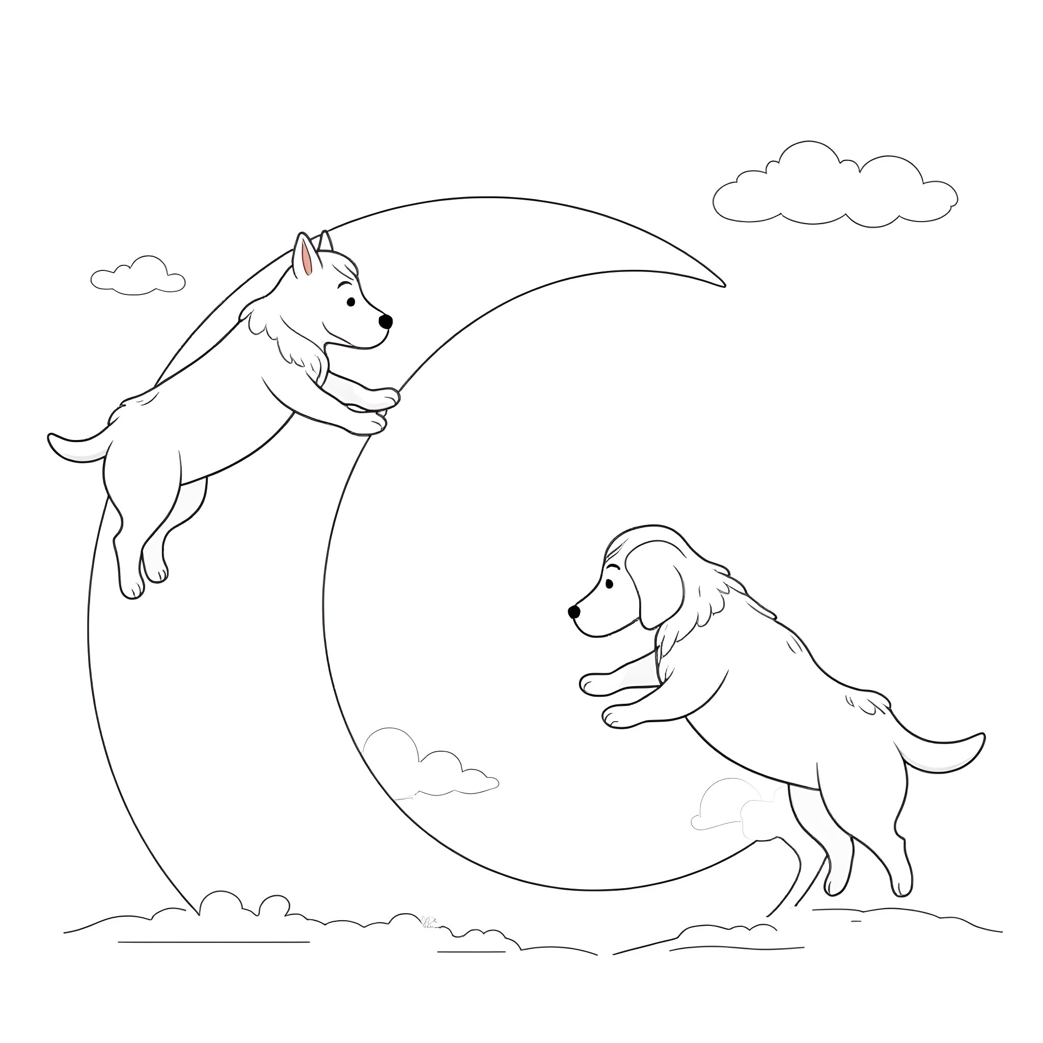 Dogs playing joyfully in the moonlight Coloring Page (free black-and-white line drawing printable PDF for all, from beginners to advanced learners, including children, teens, adults, and seniors)