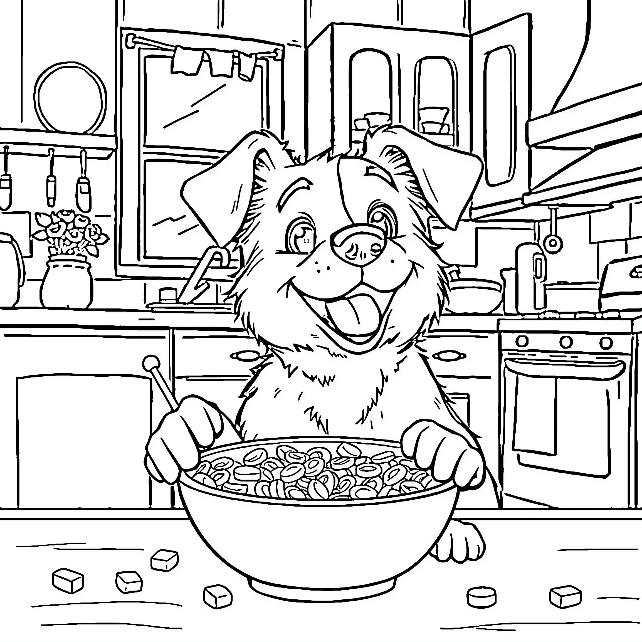 Dog enjoying a snack in the kitchen Coloring Page (free black-and-white line drawing printable PDF for all, from beginners to advanced learners, including children, teens, adults, and seniors)