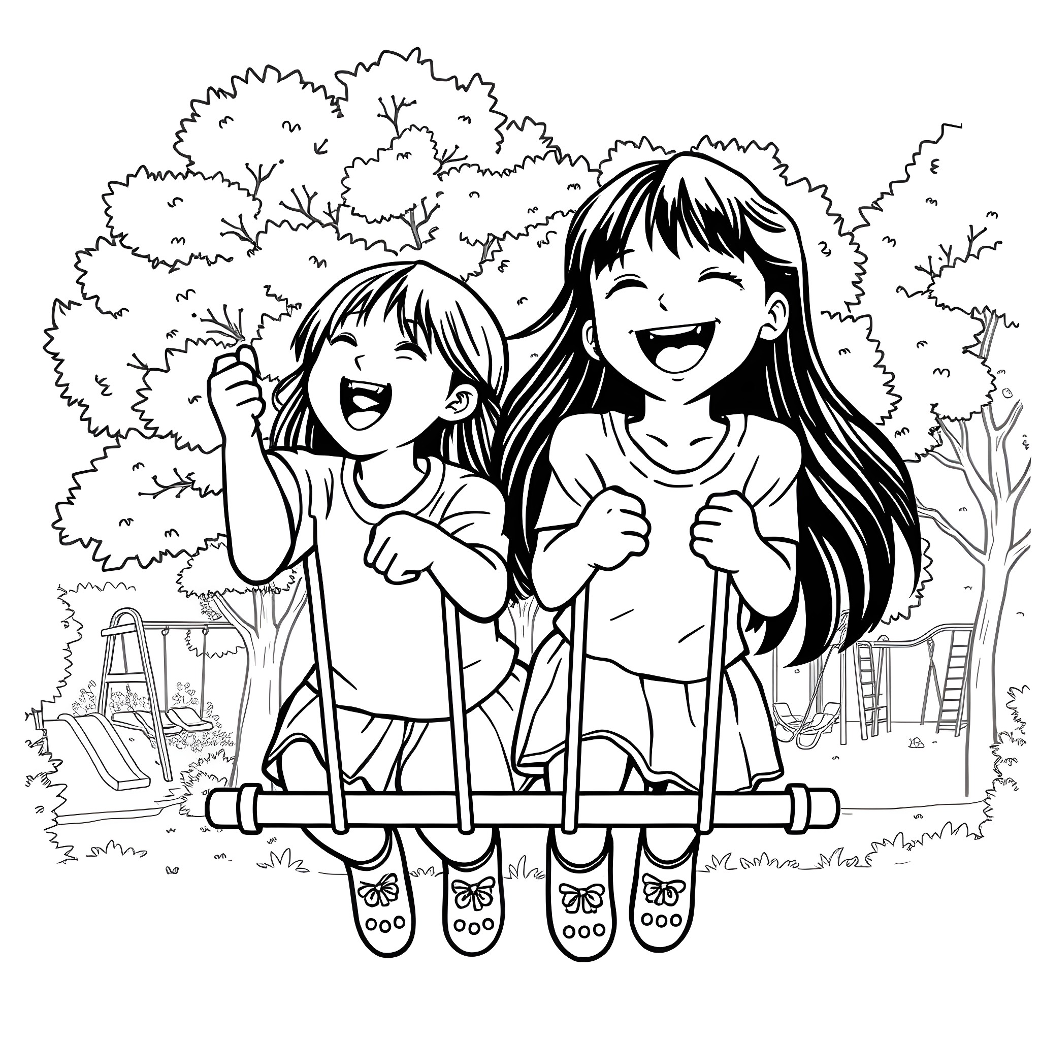 Girl friends playing together on playground equipment Coloring Page (free black-and-white line drawing printable PDF for all, from beginners to advanced learners, including children, teens, adults, and seniors)