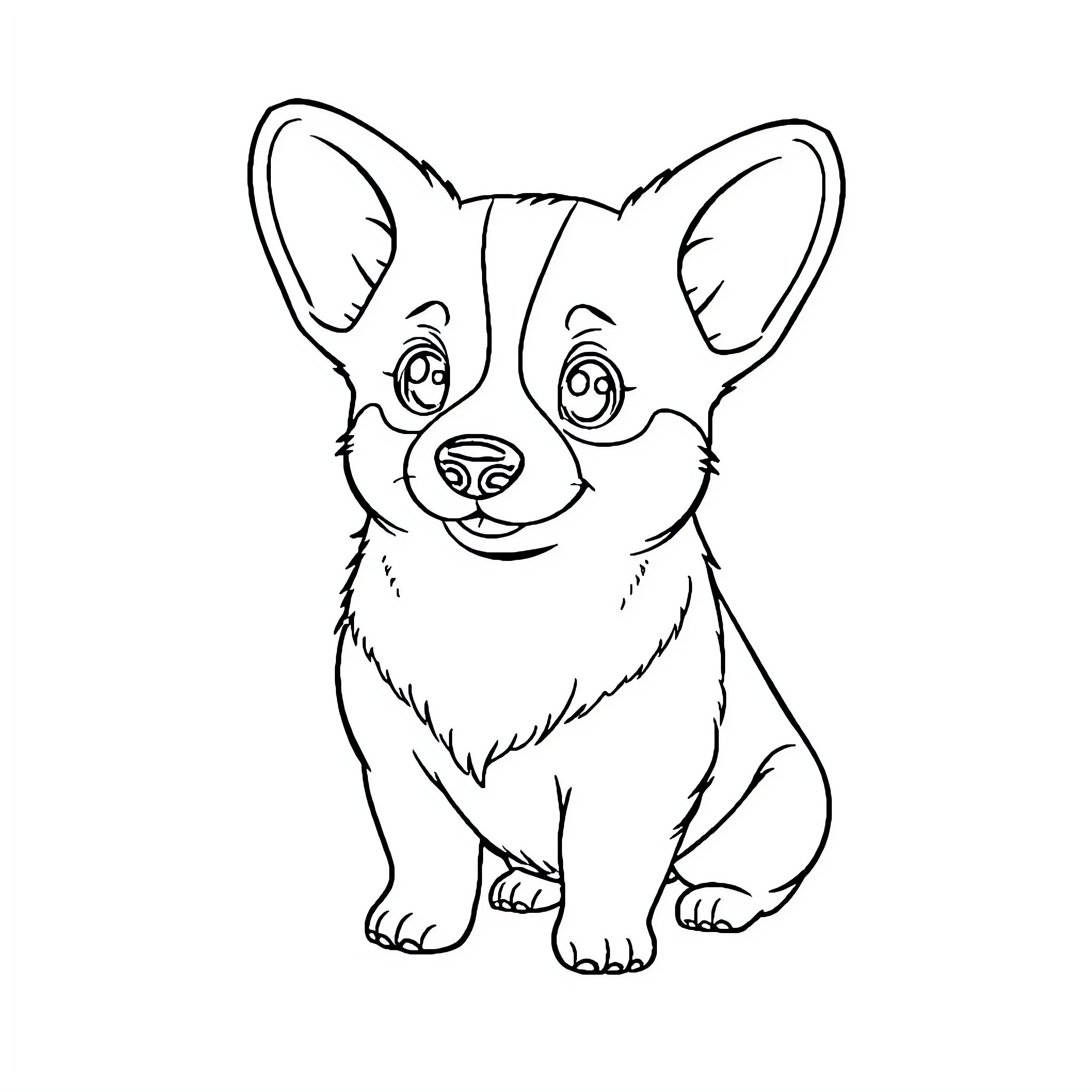 Pickle Corgi expressing joy and curiosity Coloring Page (free black-and-white line drawing printable PDF for all, from beginners to advanced learners, including children, teens, adults, and seniors)
