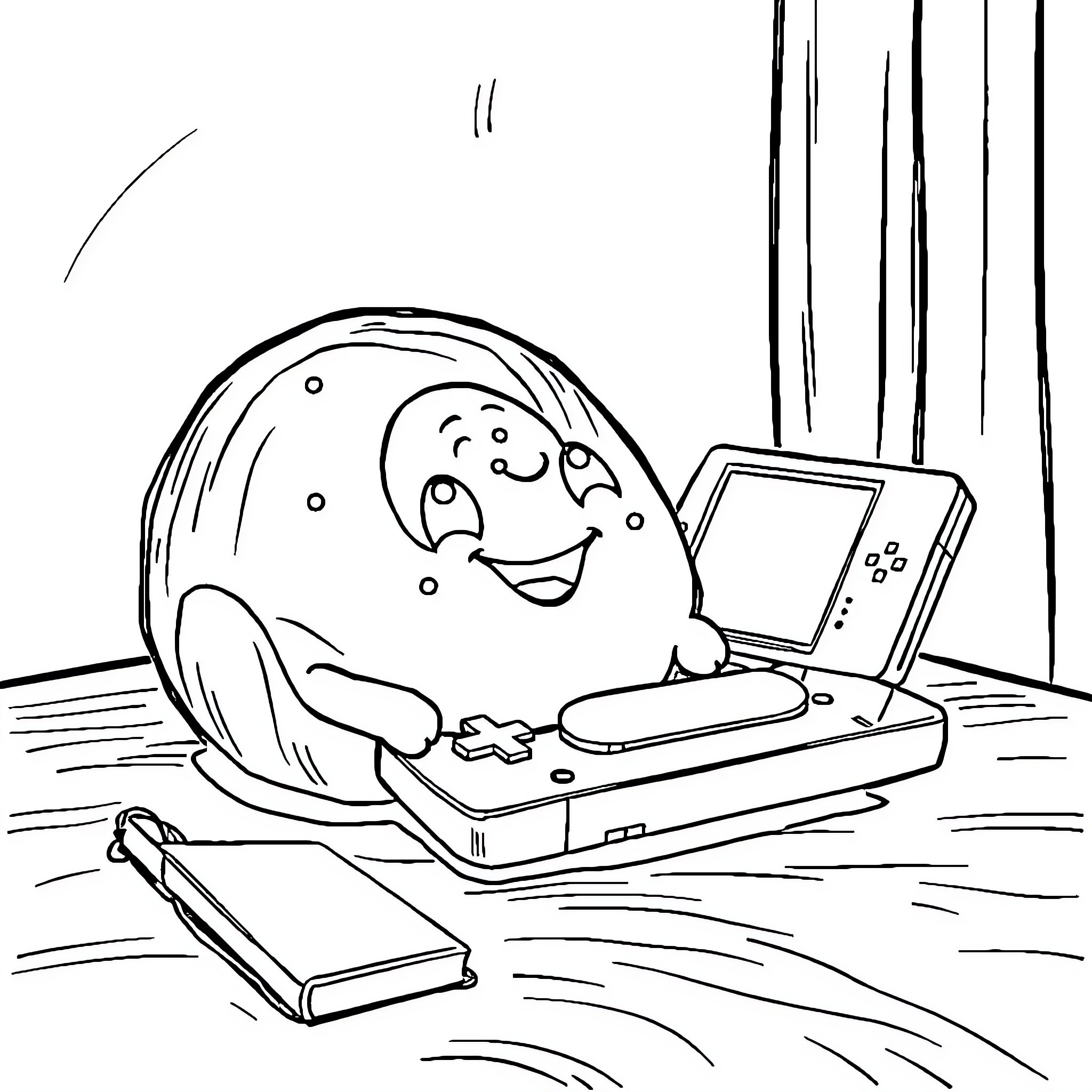 Cinnamon Roll Playing Video Games on Couch Coloring Page (free black-and-white line drawing printable PDF for all, from beginners to advanced learners, including children, teens, adults, and seniors)
