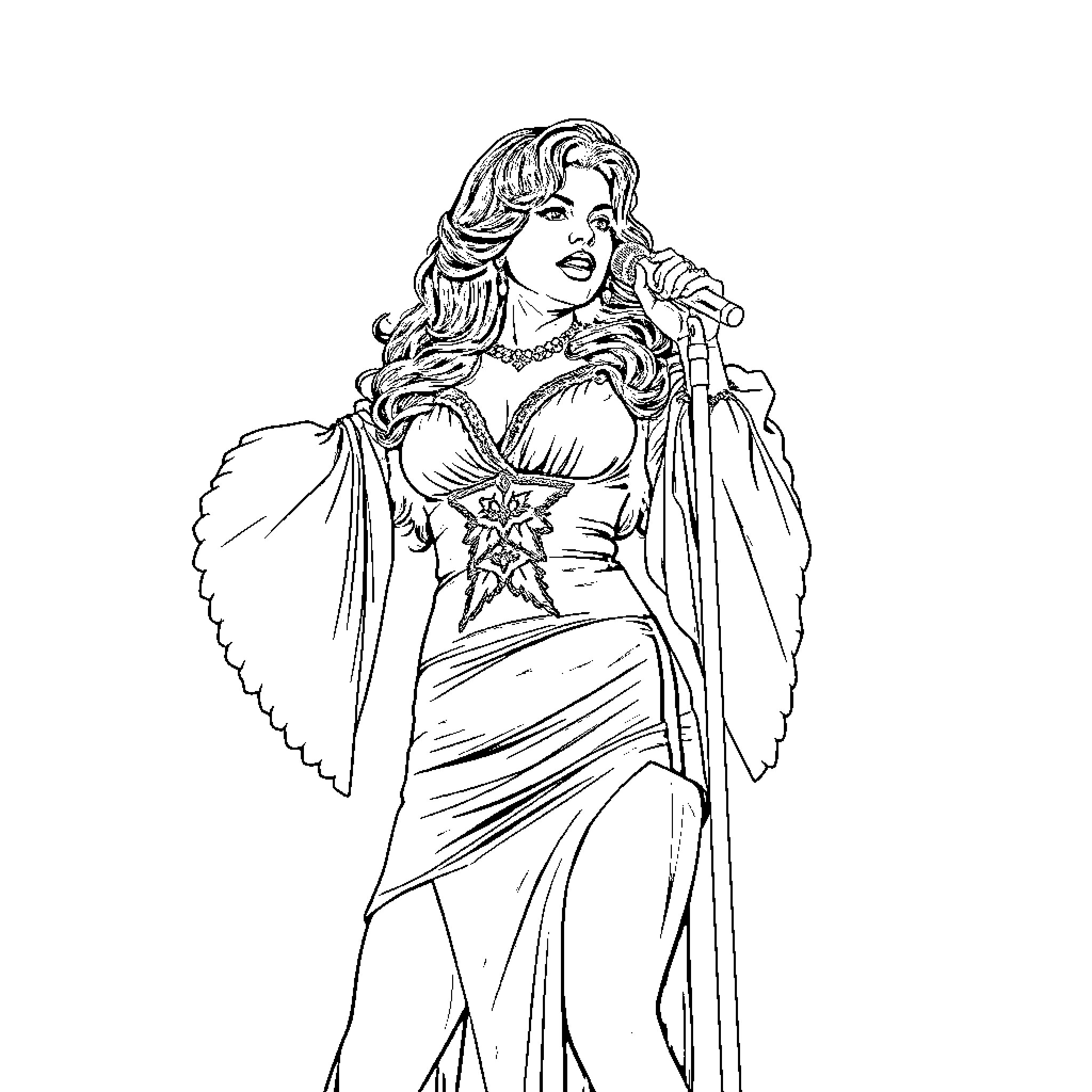 Selena's Enchanting Masquerade Gown Coloring Page (free black-and-white line drawing printable PDF for all, from beginners to advanced learners, including children, teens, adults, and seniors)