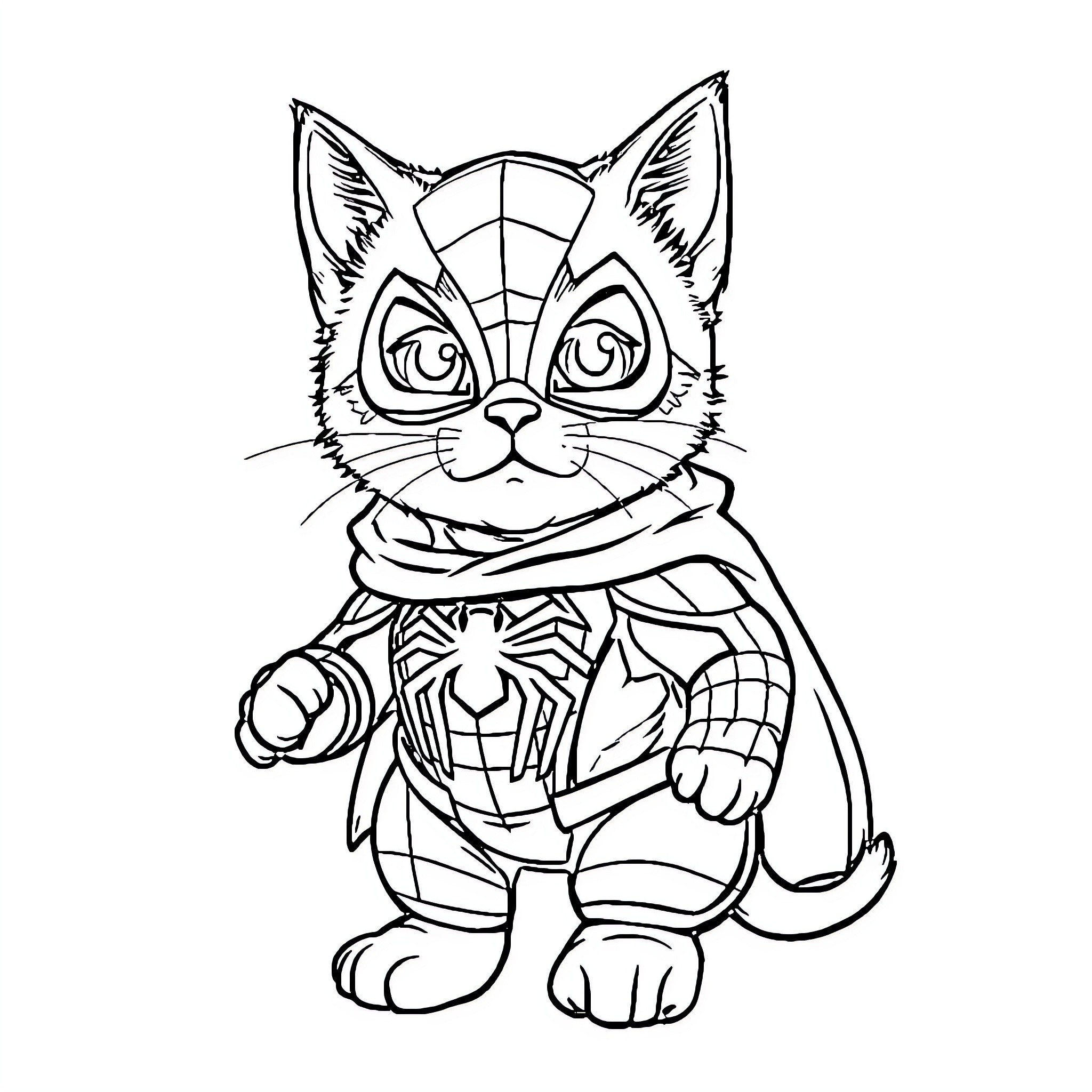 Cat superhero in costume Coloring Page (free black-and-white line drawing printable PDF for all, from beginners to advanced learners, including children, teens, adults, and seniors)