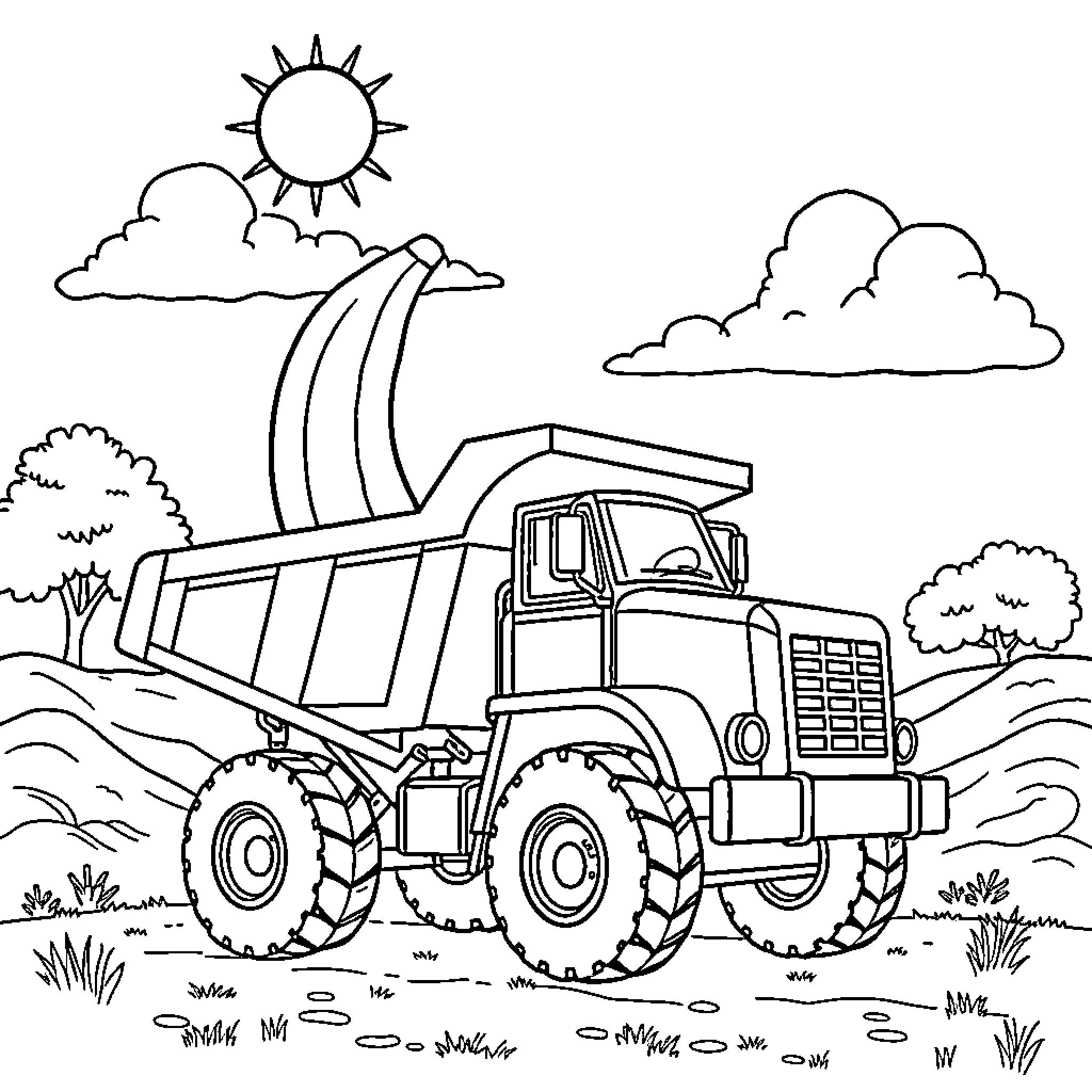 Dump Truck transporting materials on the countryside Coloring Page (free black-and-white line drawing printable PDF for all, from beginners to advanced learners, including children, teens, adults, and seniors)