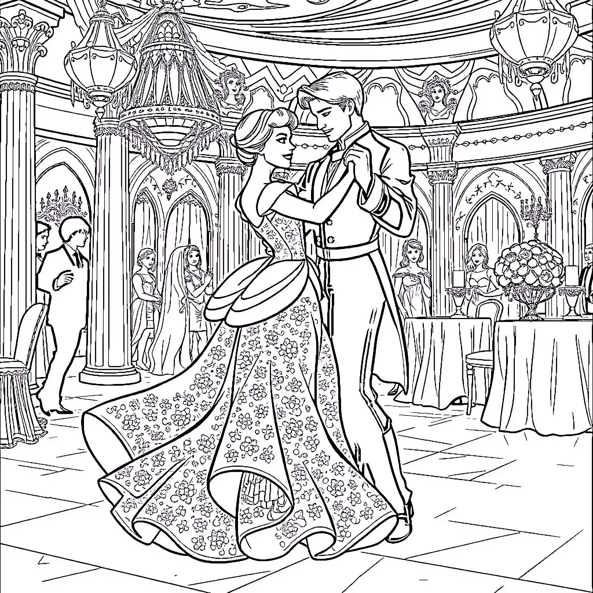 Cinderella and Prince Charming's Magical Ball Dance Coloring Page (free black-and-white line drawing printable PDF for all, from beginners to advanced learners, including children, teens, adults, and seniors)