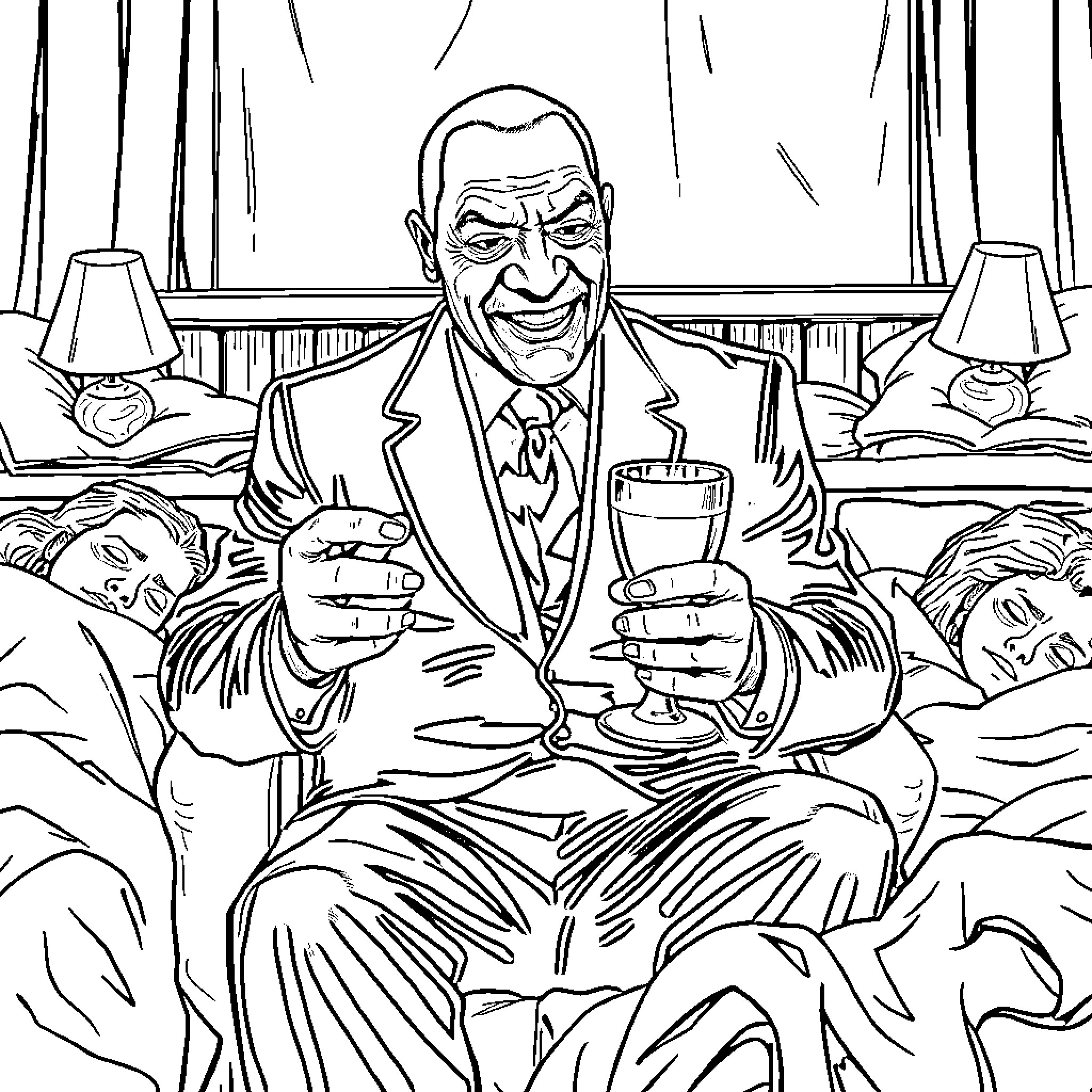 Bill Cosby Enjoying a Drink Amidst Sleeping Companions Coloring Page (free black-and-white line drawing printable PDF for all, from beginners to advanced learners, including children, teens, adults, and seniors)