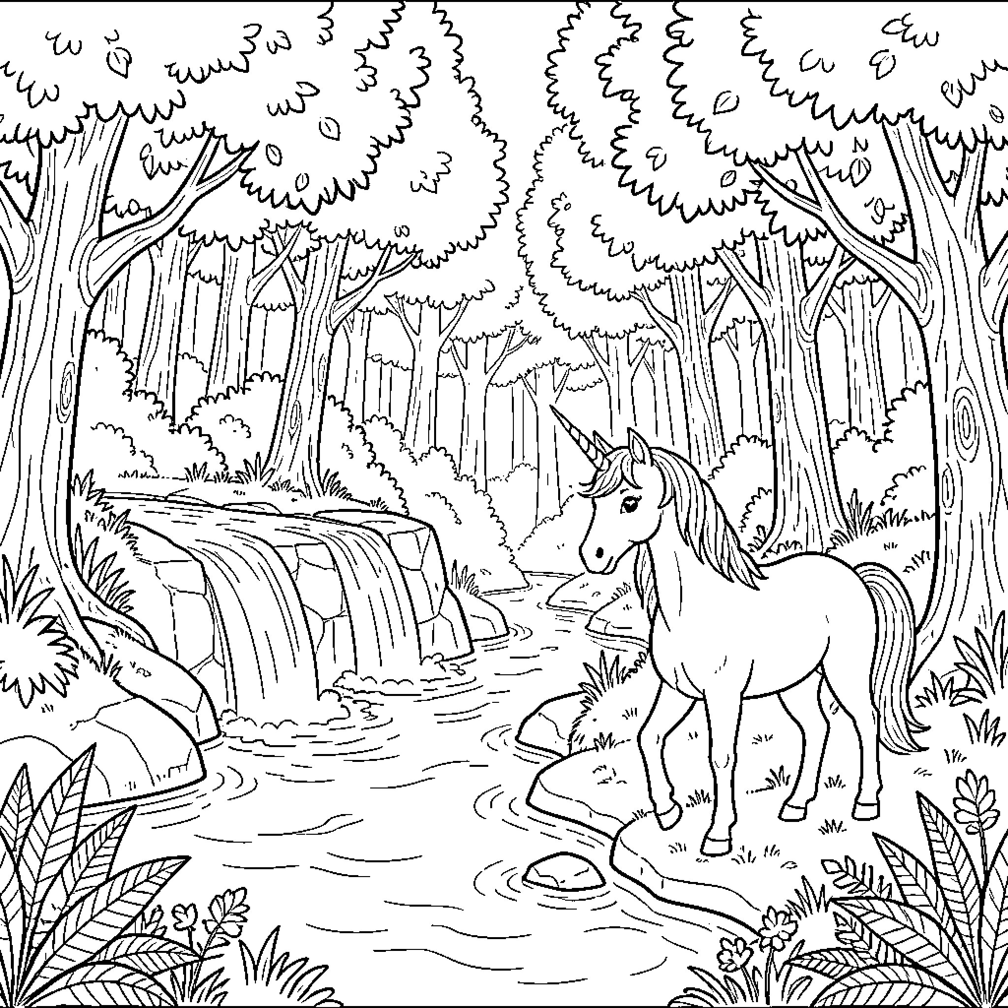 Unicorn Exploring the Enchanted Forest Coloring Page (free black-and-white line drawing printable PDF for all, from beginners to advanced learners, including children, teens, adults, and seniors)