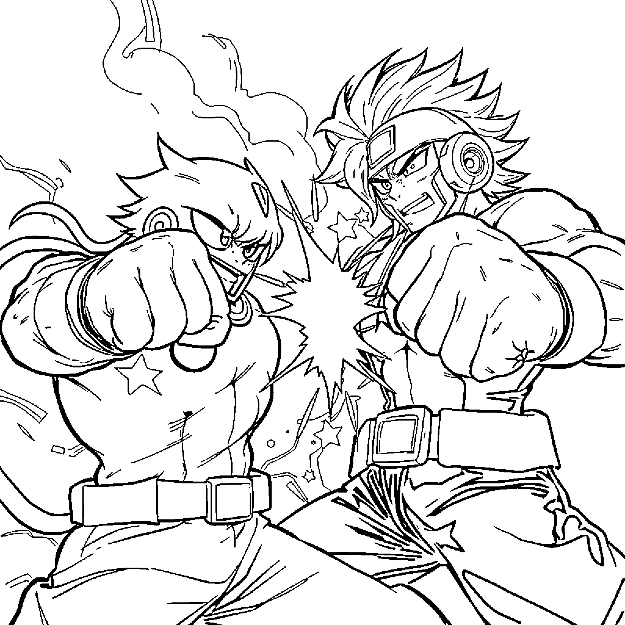 Rufy's Energetic Battle Clash Coloring Page (free black-and-white line drawing printable PDF for all, from beginners to advanced learners, including children, teens, adults, and seniors)