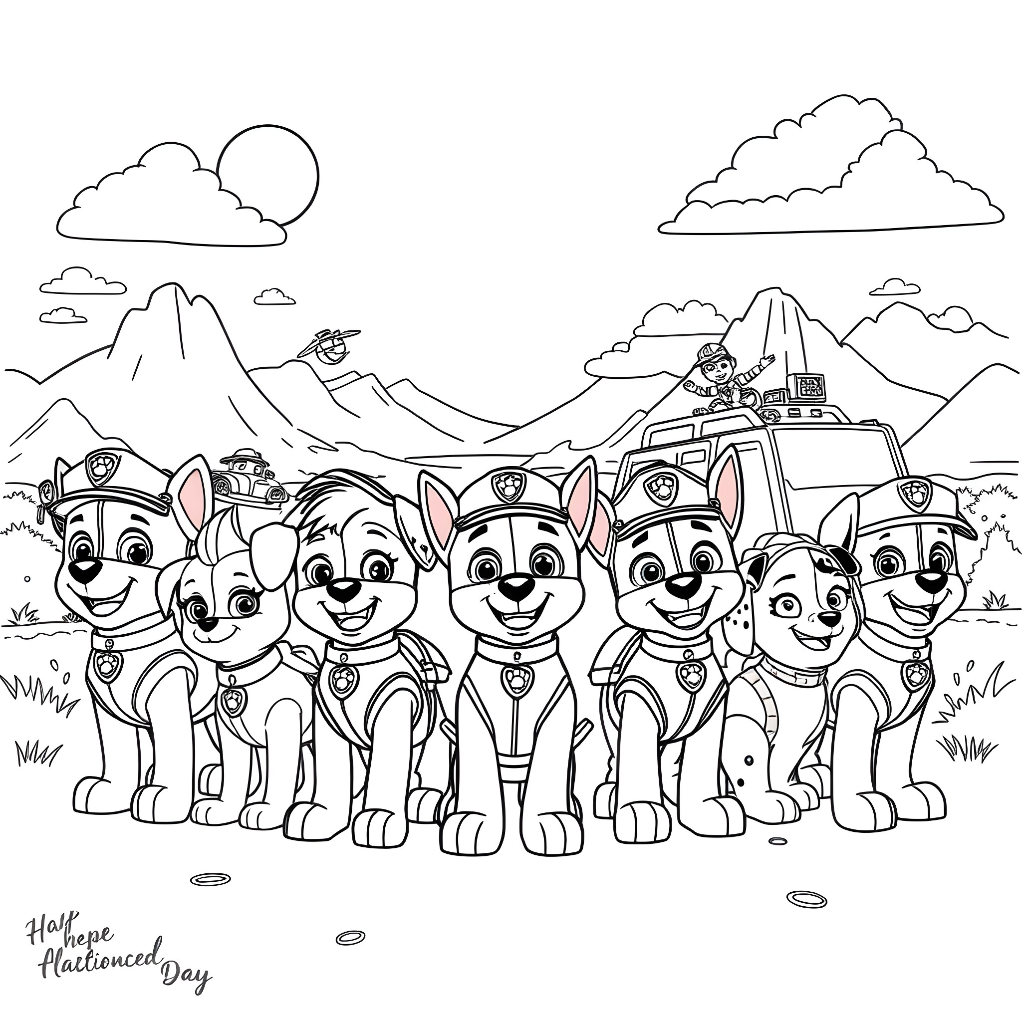 Paw Patrol team on a mountain adventure Coloring Page (free black-and-white line drawing printable PDF for all, from beginners to advanced learners, including children, teens, adults, and seniors)