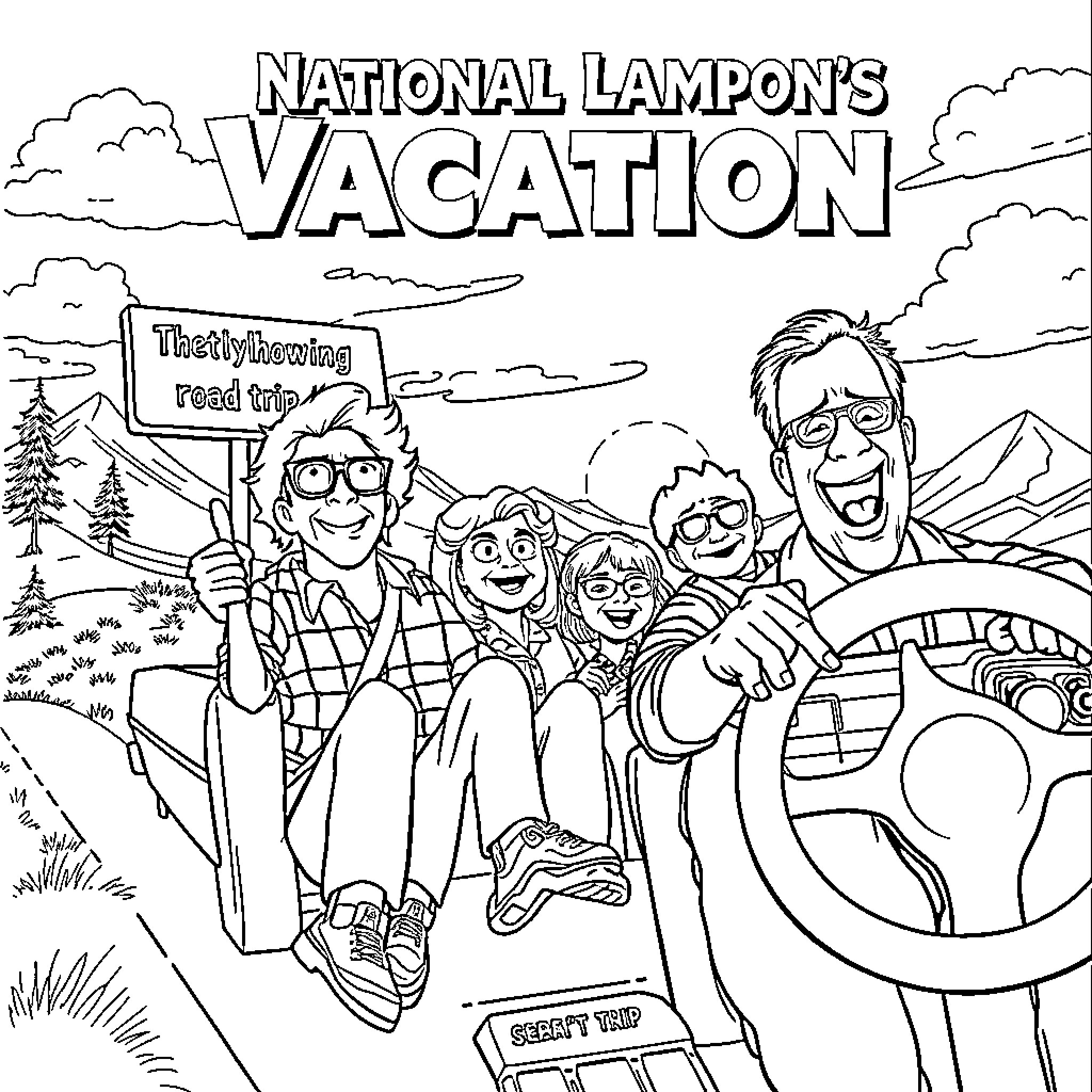 Vacation Fun with Family on the Road Coloring Page (free black-and-white line drawing printable PDF for all, from beginners to advanced learners, including children, teens, adults, and seniors)