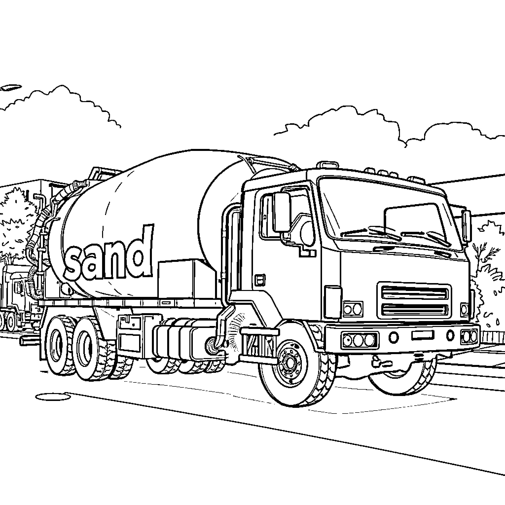 Vacuum Truck hauling sand on the road Coloring Page (free black-and-white line drawing printable PDF for all, from beginners to advanced learners, including children, teens, adults, and seniors)